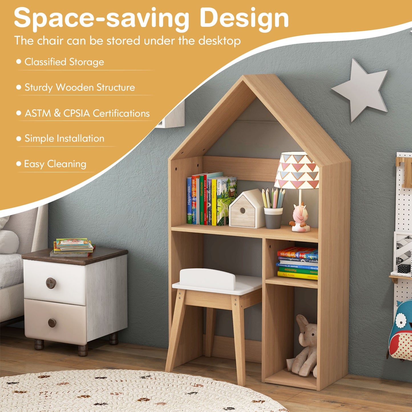 2-in-1 Kids House-Shaped Table and Chair Set-Gray Kids Crystal