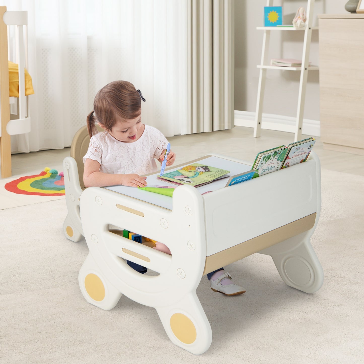 Kids Drawing Table and Chair Set with Watercolor Pens and Blackboard Eraser-Brown Kids Crystal