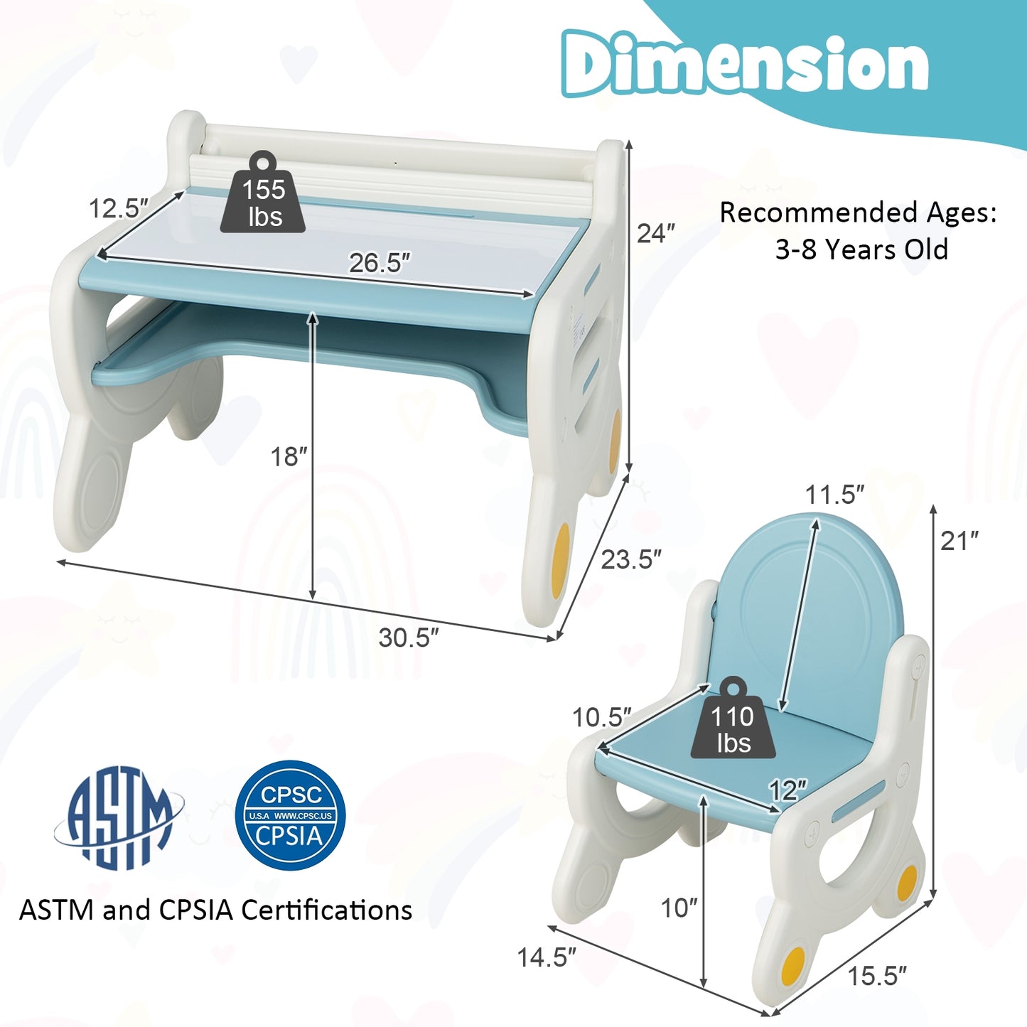Kids Drawing Table and Chair Set with Watercolor Pens and Blackboard Eraser-Blue Kids Crystal