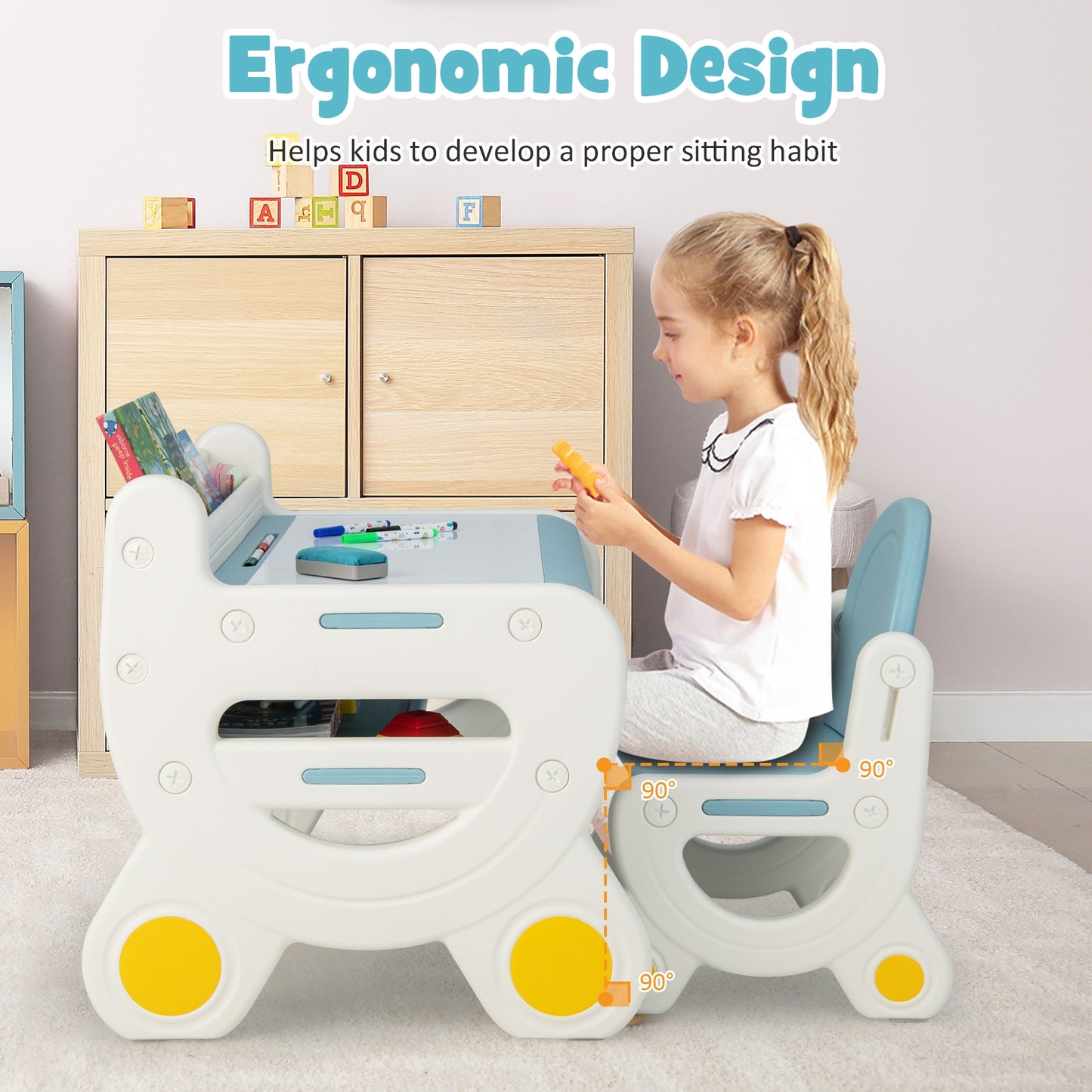 Kids Drawing Table and Chair Set with Watercolor Pens and Blackboard Eraser-Blue Kids Crystal
