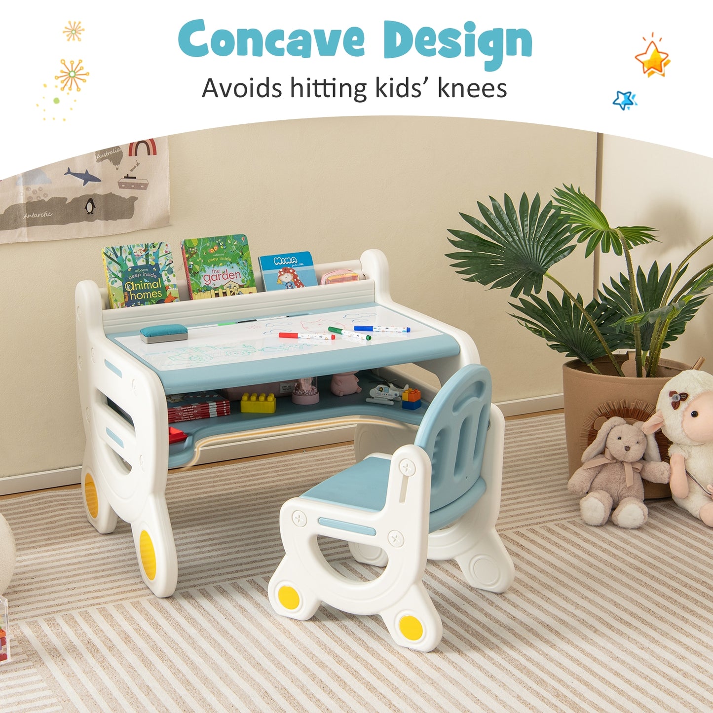 Kids Drawing Table and Chair Set with Watercolor Pens and Blackboard Eraser-Blue Kids Crystal