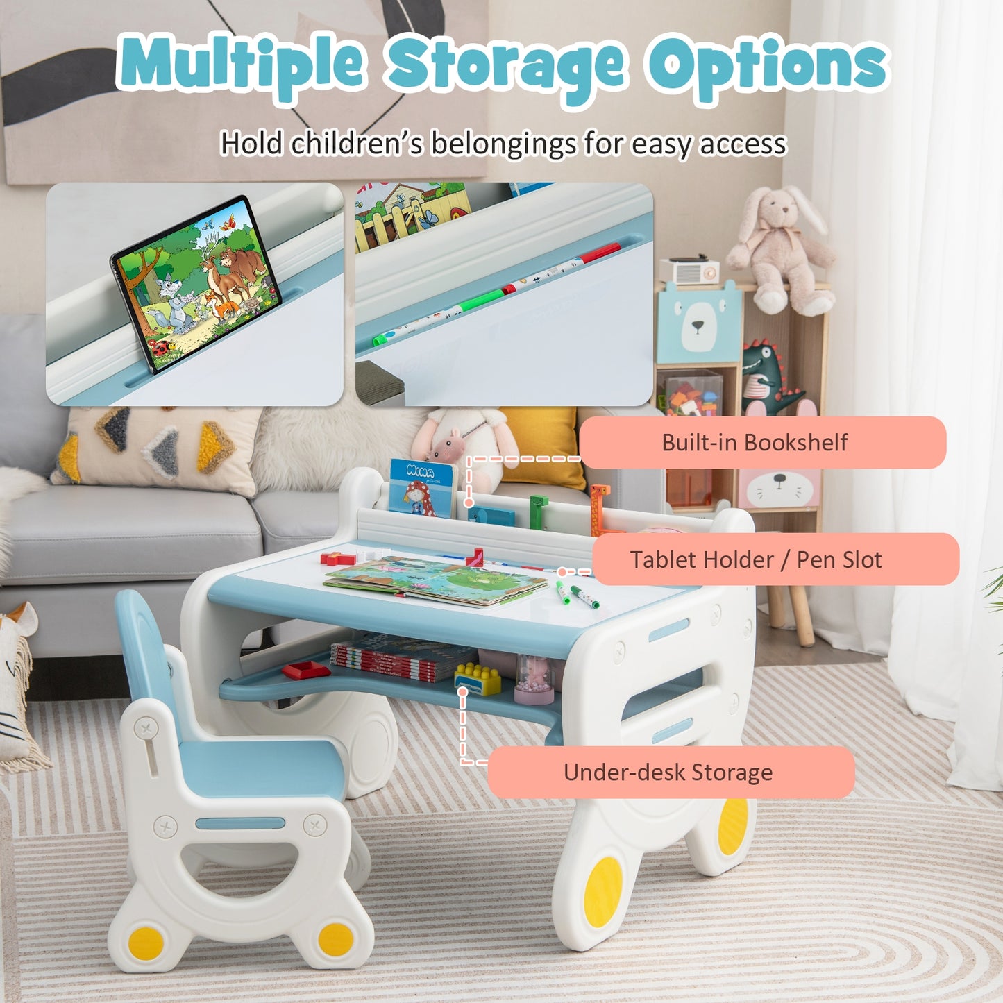 Kids Drawing Table and Chair Set with Watercolor Pens and Blackboard Eraser-Blue Kids Crystal