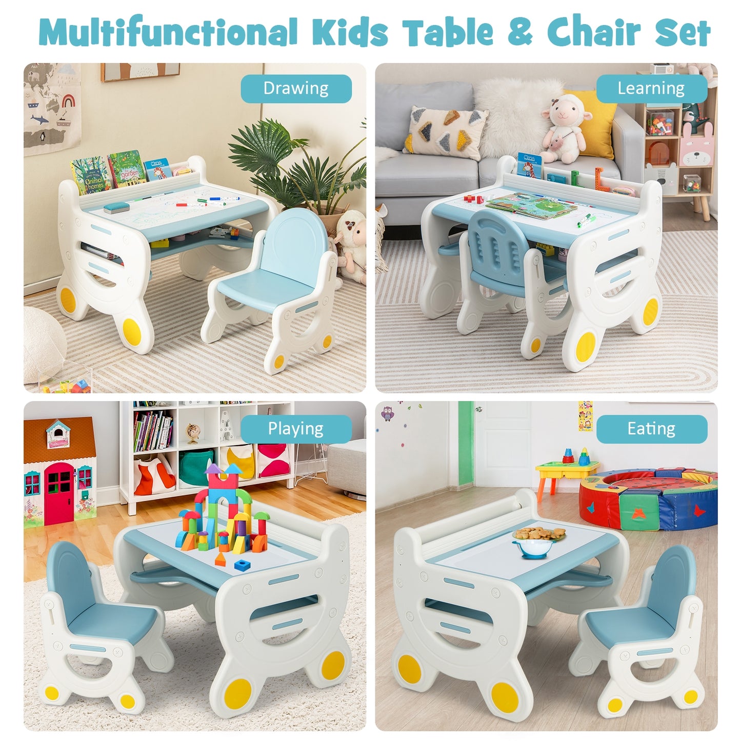 Kids Drawing Table and Chair Set with Watercolor Pens and Blackboard Eraser-Blue Kids Crystal