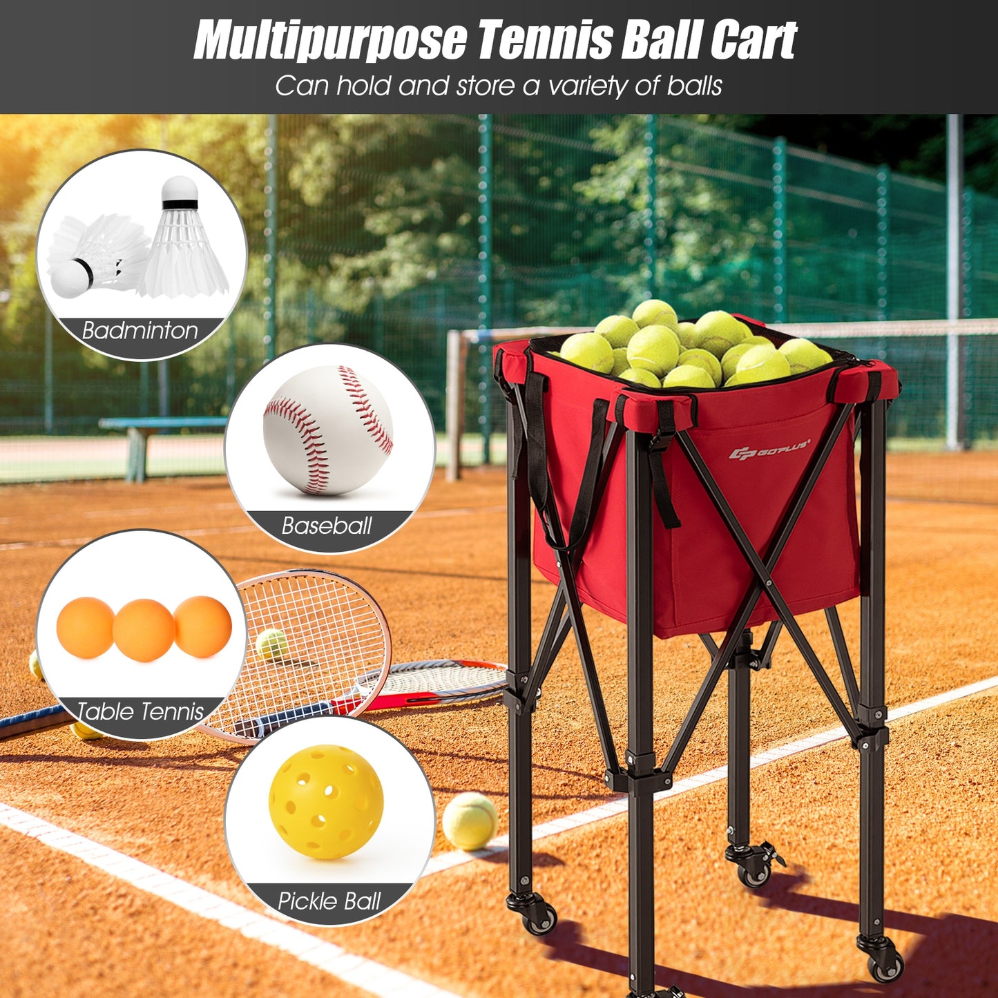 Lightweight Foldable Tennis Ball Teaching Cart with Wheels and Removable Bag-Red