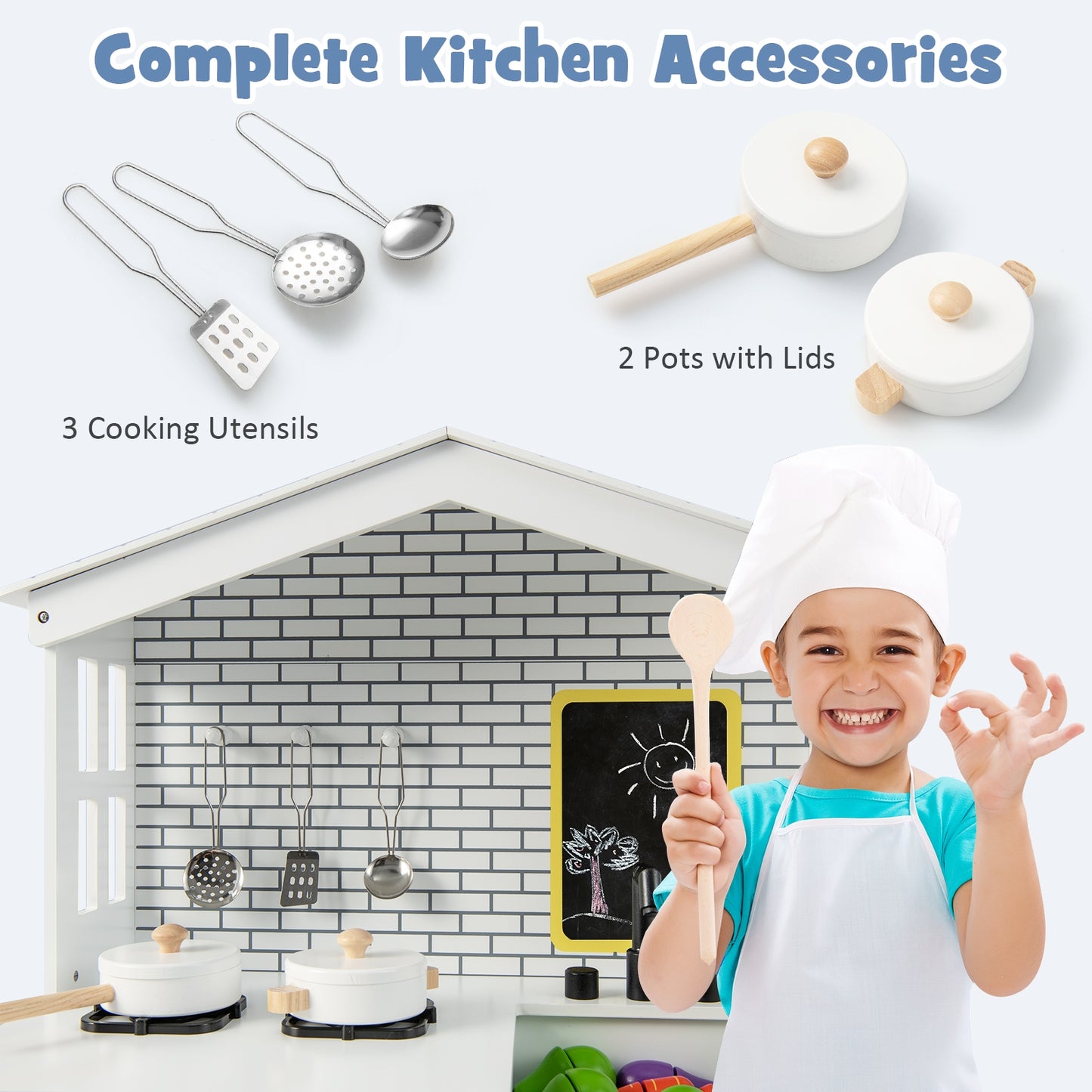 Kids Wooden Kitchen Play Set with Storage Shelves and Accessories-White Kids Crystal