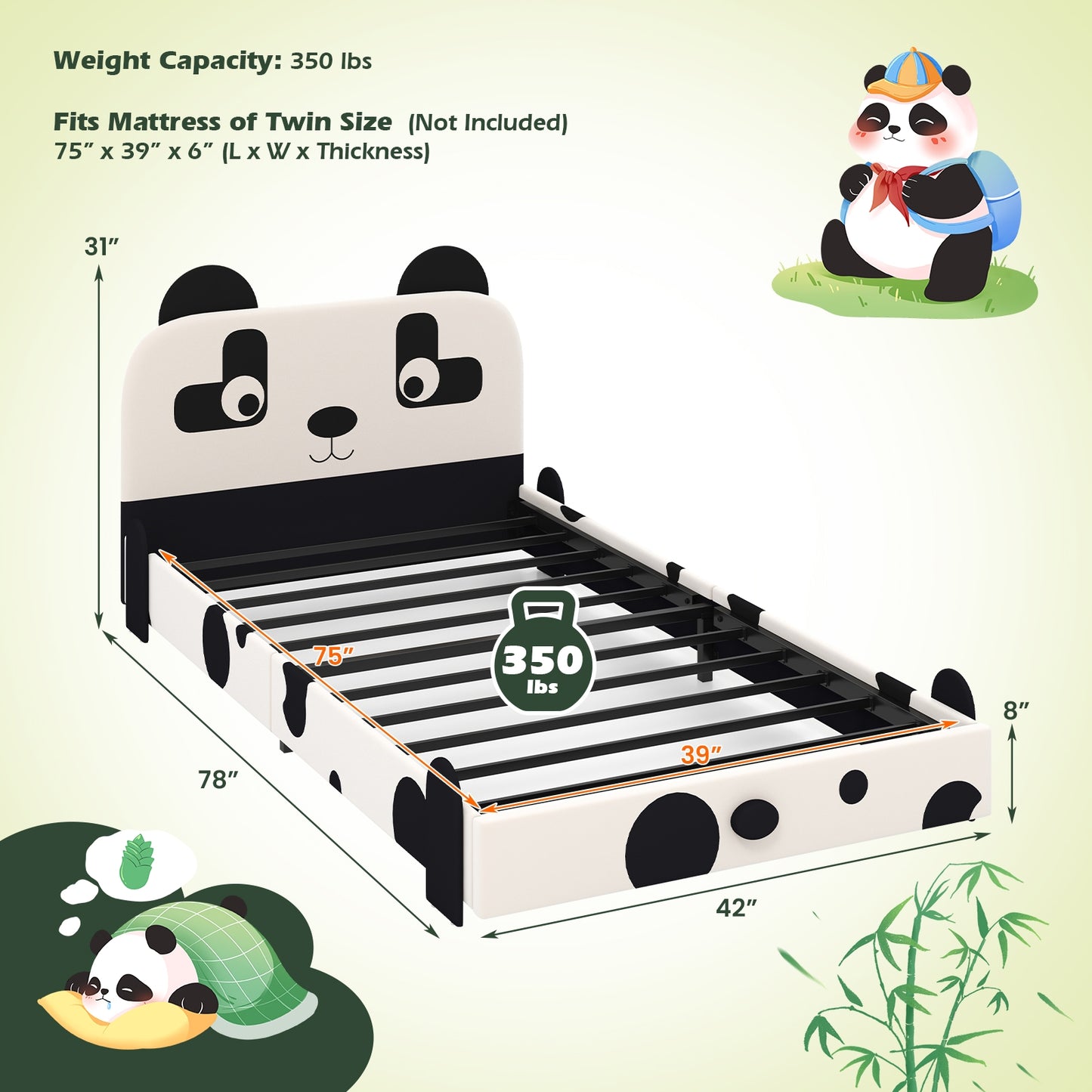Twin Size Kids Bed with Cute Panda Headboard Kids Crystal