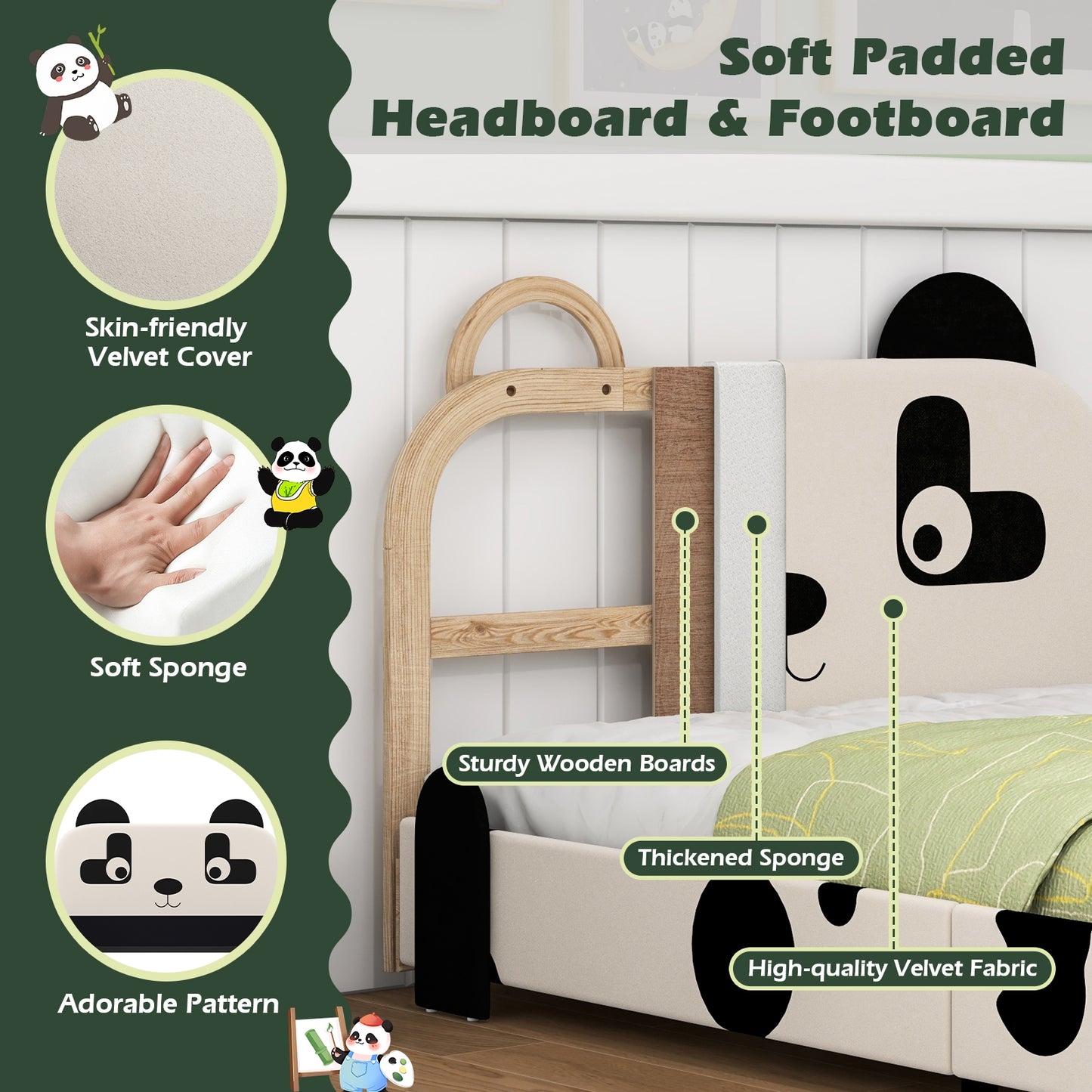 Twin Size Kids Bed with Cute Panda Headboard Kids Crystal