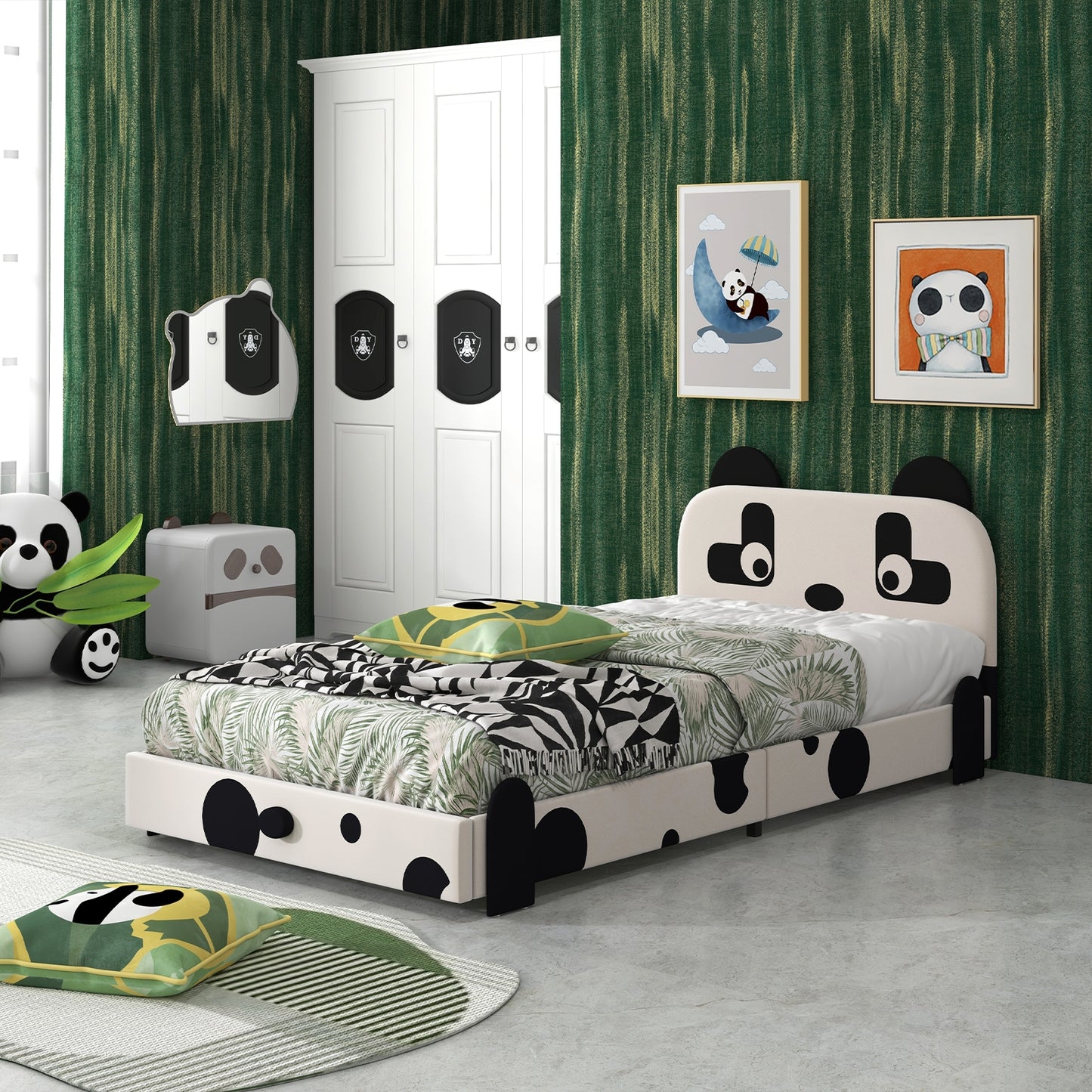 Twin Size Kids Bed with Cute Panda Headboard Kids Crystal