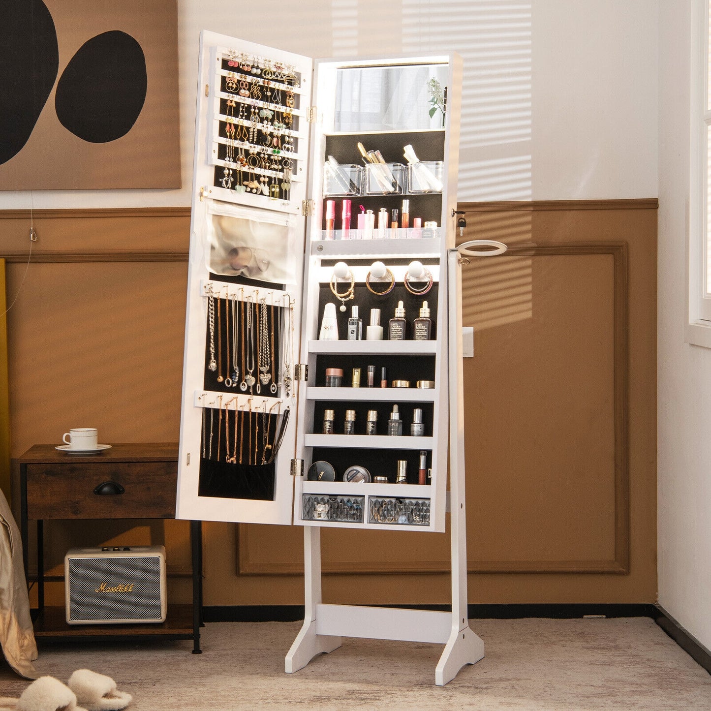 Freestanding Jewelry Cabinet with Full Length Mirror and LED Lights-White Kids Crystal