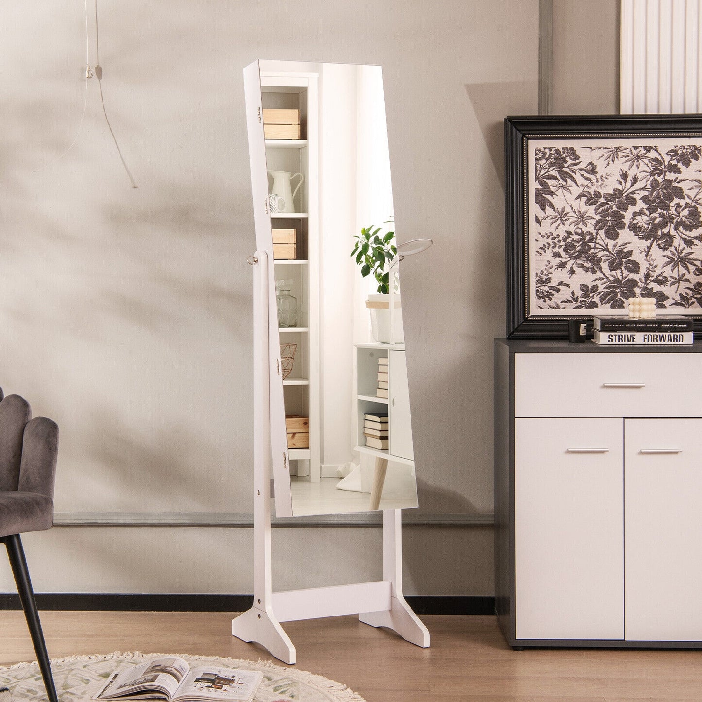 Freestanding Jewelry Cabinet with Full Length Mirror and LED Lights-White Kids Crystal