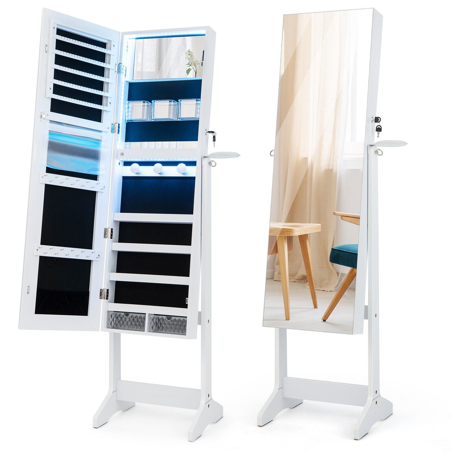 Freestanding Jewelry Cabinet with Full Length Mirror and LED Lights-White Kids Crystal