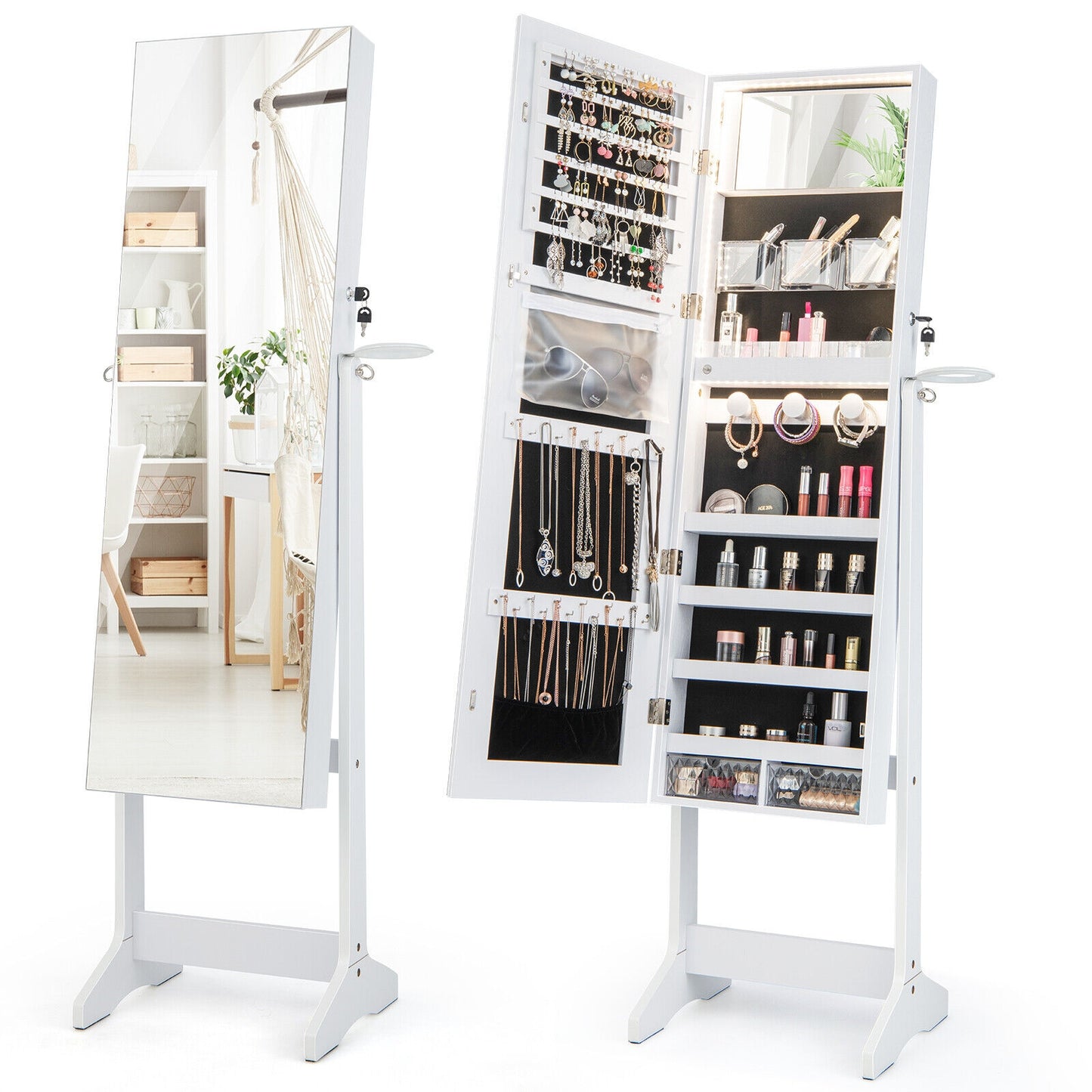 Freestanding Jewelry Cabinet with Full Length Mirror and LED Lights-White Kids Crystal