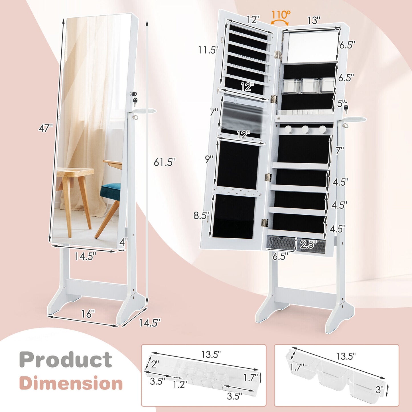 Freestanding Jewelry Cabinet with Full Length Mirror and LED Lights-White Kids Crystal