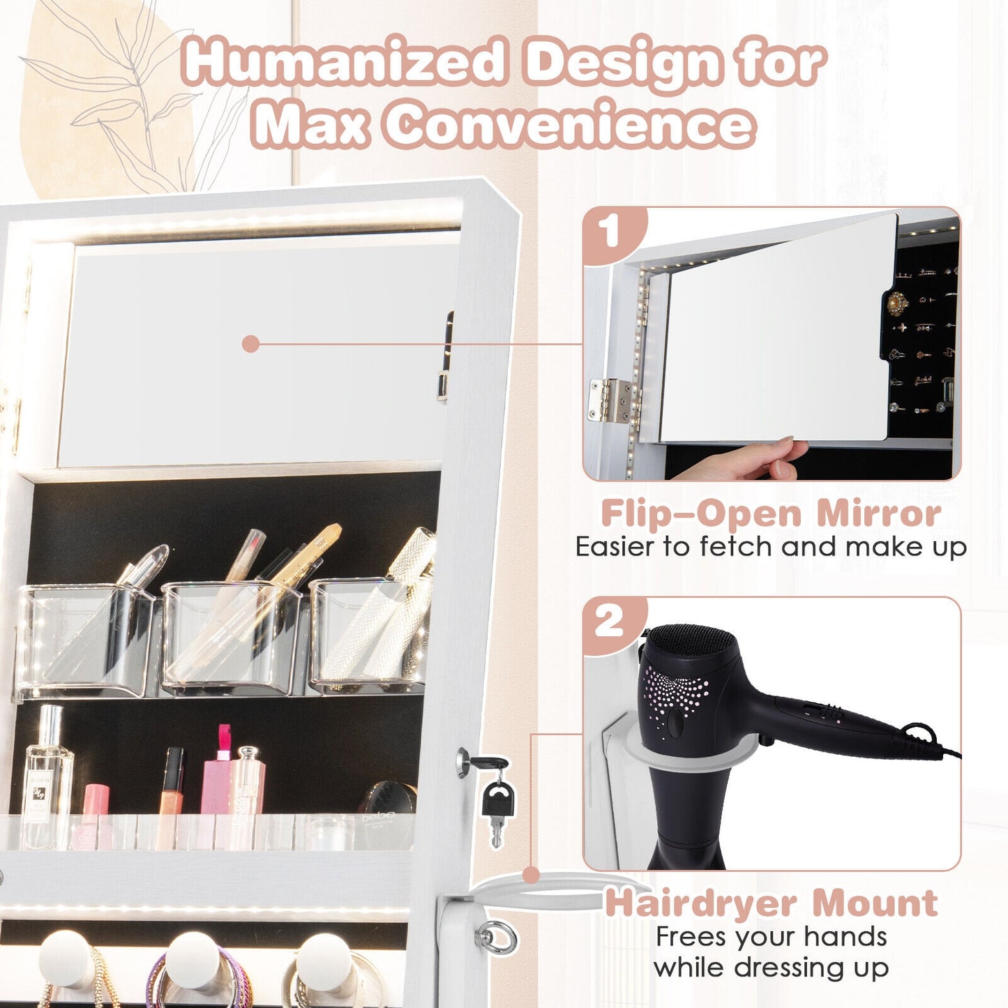 Freestanding Jewelry Cabinet with Full Length Mirror and LED Lights-White Kids Crystal