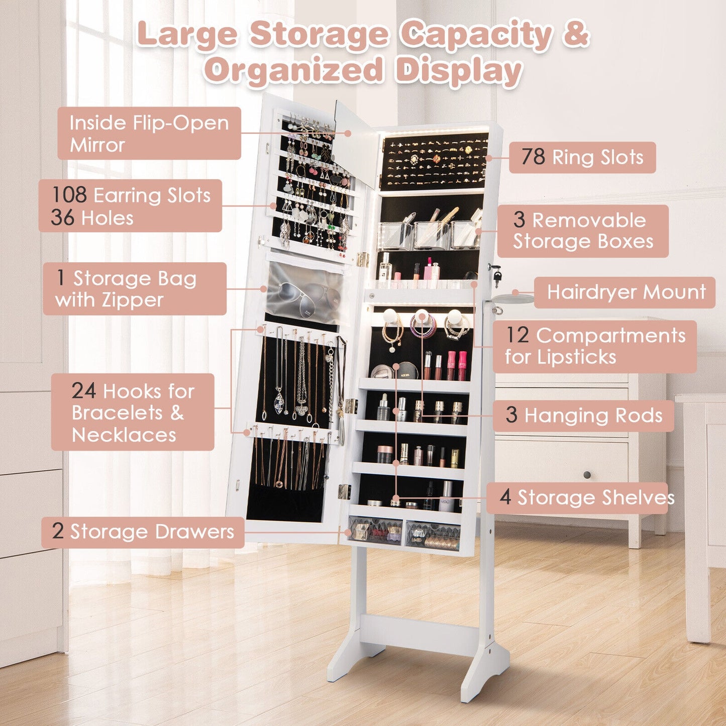 Freestanding Jewelry Cabinet with Full Length Mirror and LED Lights-White Kids Crystal