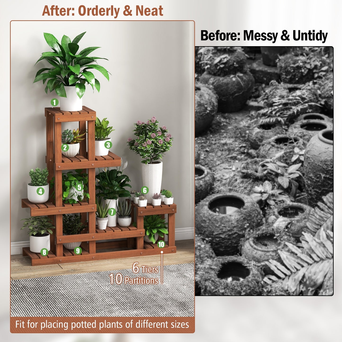 6 Tier Wood Plant Stand with High Low Structure Kids Crystal