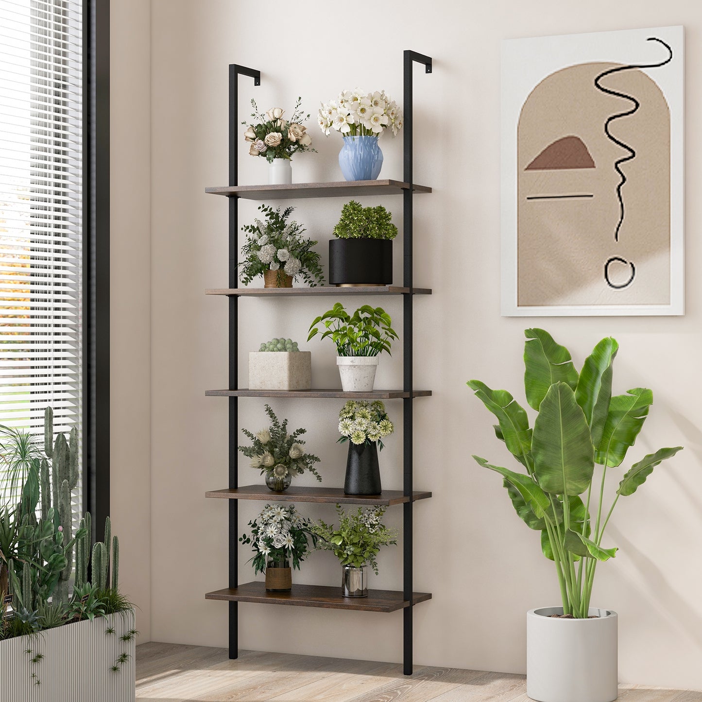 5 Tier Ladder Shelf Wall-Mounted Bookcase with Steel Frame-Brown Kids Crystal
