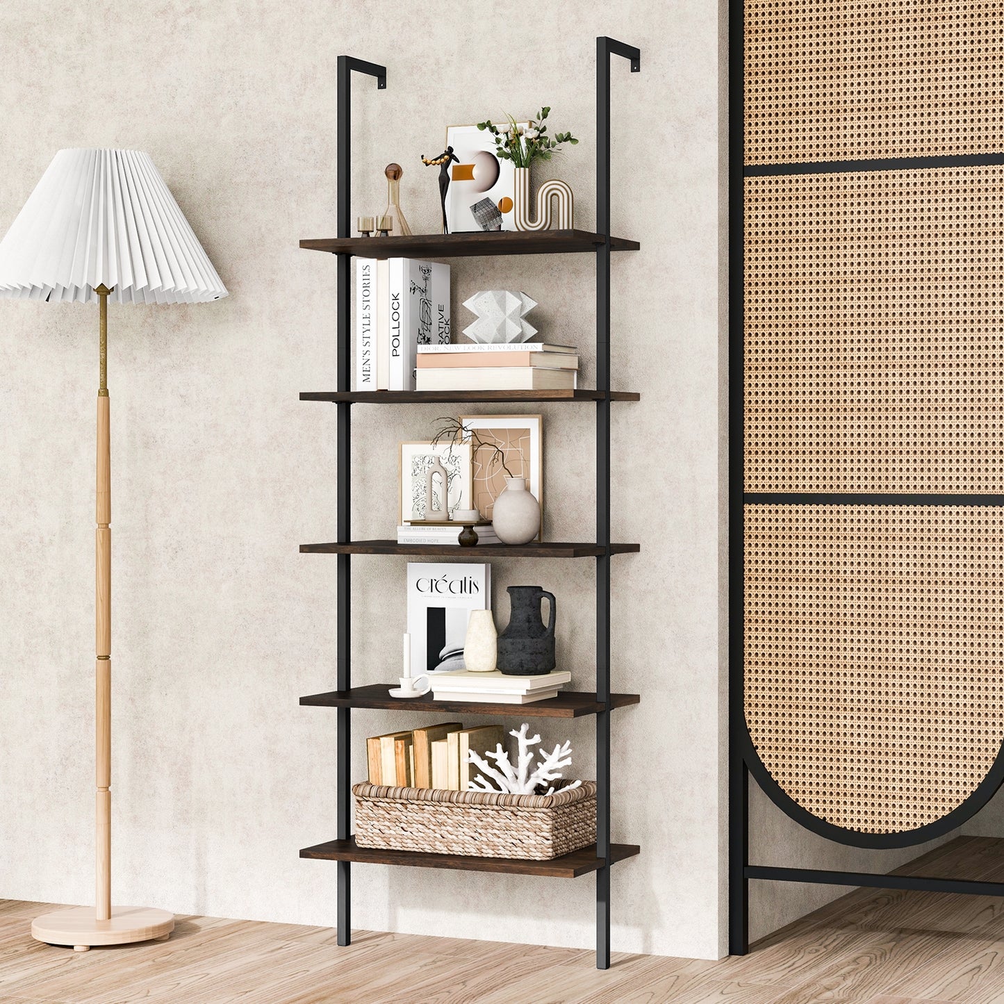 5 Tier Ladder Shelf Wall-Mounted Bookcase with Steel Frame-Brown Kids Crystal