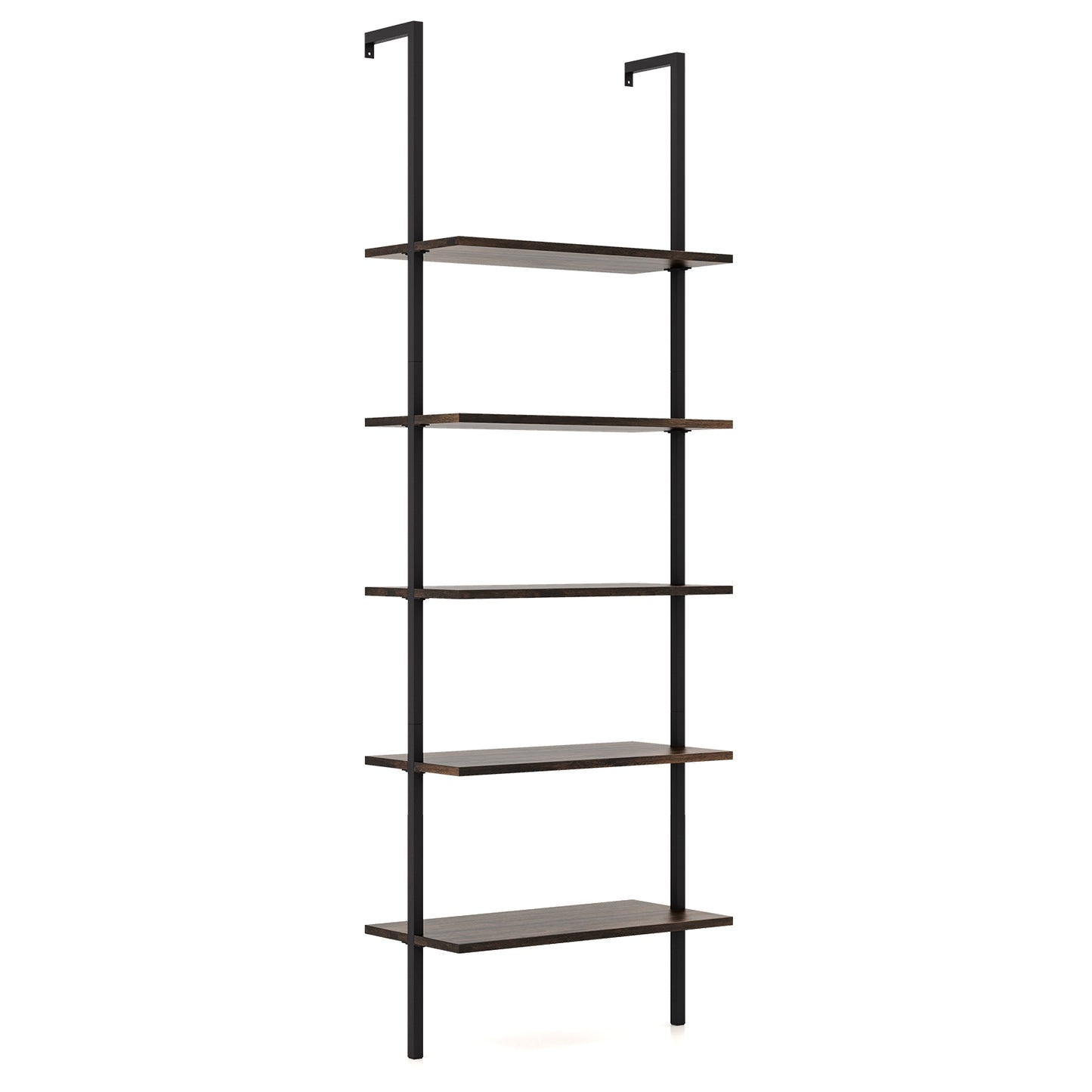 5 Tier Ladder Shelf Wall-Mounted Bookcase with Steel Frame-Brown Kids Crystal