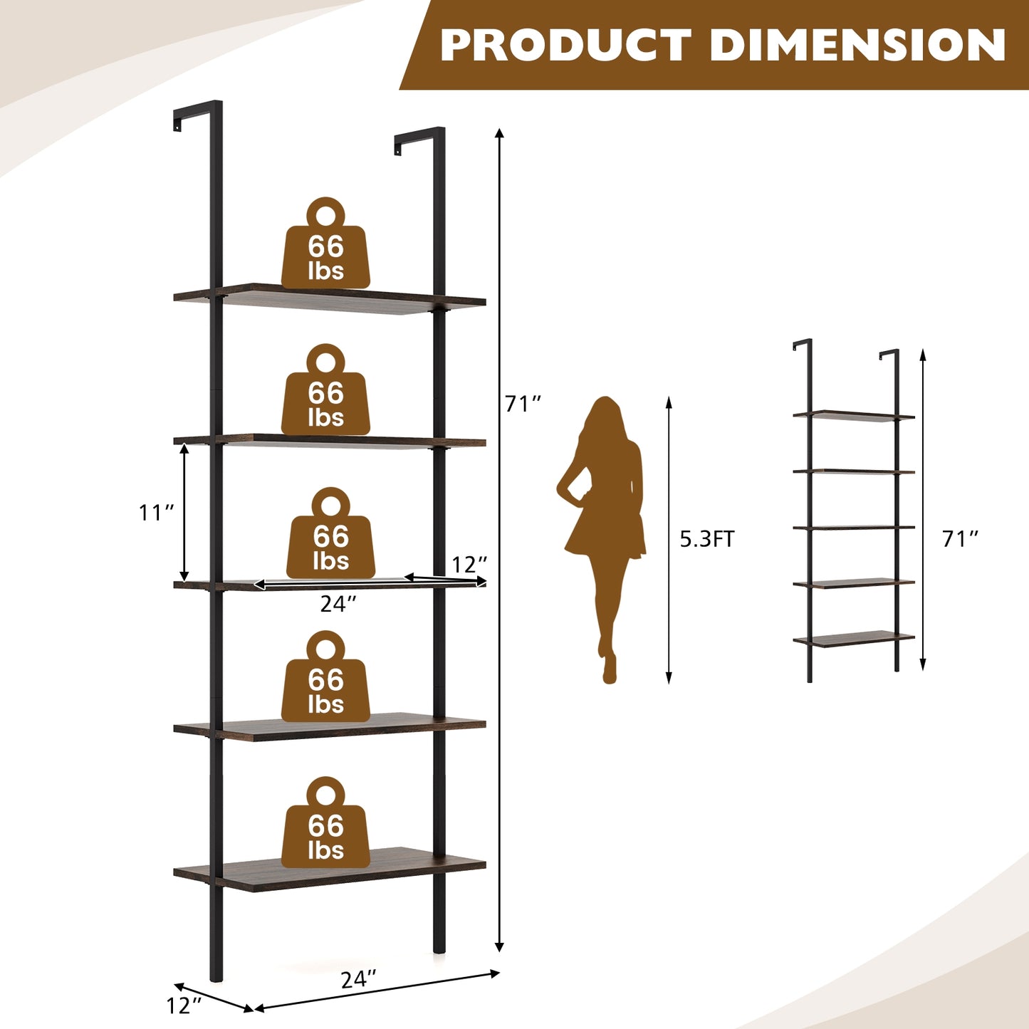 5 Tier Ladder Shelf Wall-Mounted Bookcase with Steel Frame-Brown Kids Crystal