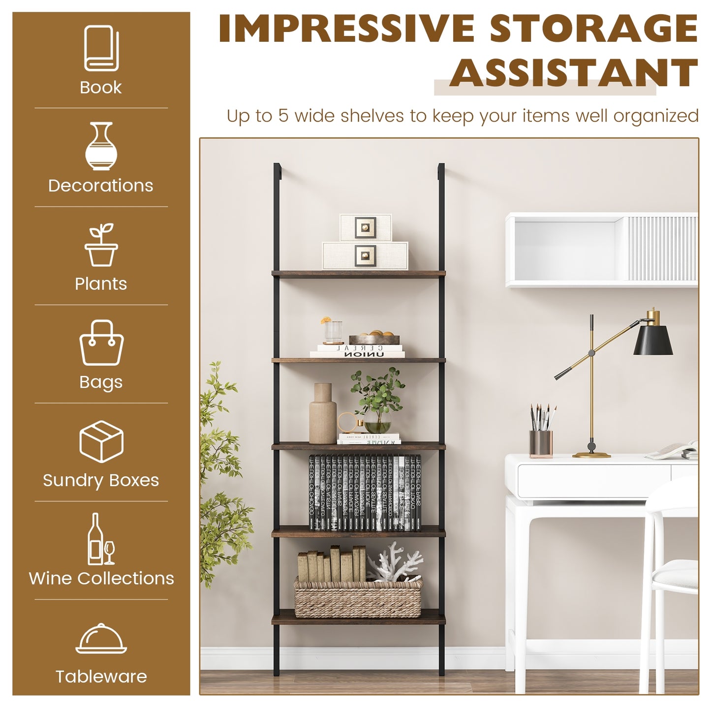 5 Tier Ladder Shelf Wall-Mounted Bookcase with Steel Frame-Brown Kids Crystal