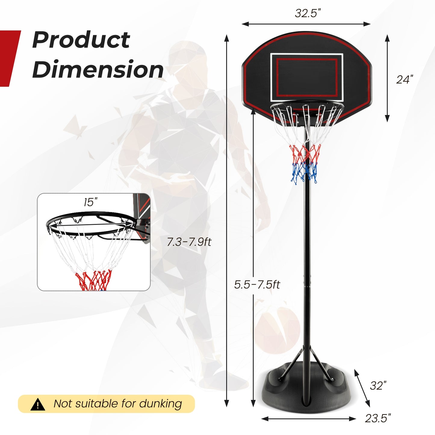 5.5 to 7.5 FT Adjustable Portable Basketball Hoop System with Anti-Rust Stand and Wheels Kids Crystal