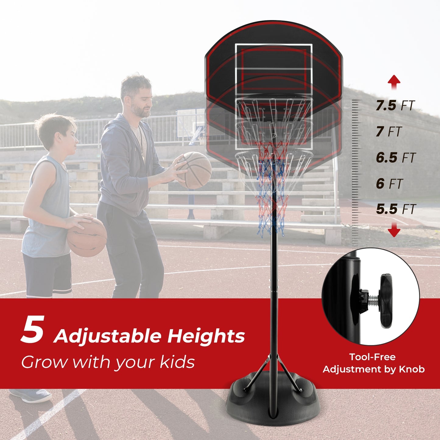 5.5 to 7.5 FT Adjustable Portable Basketball Hoop System with Anti-Rust Stand and Wheels Kids Crystal