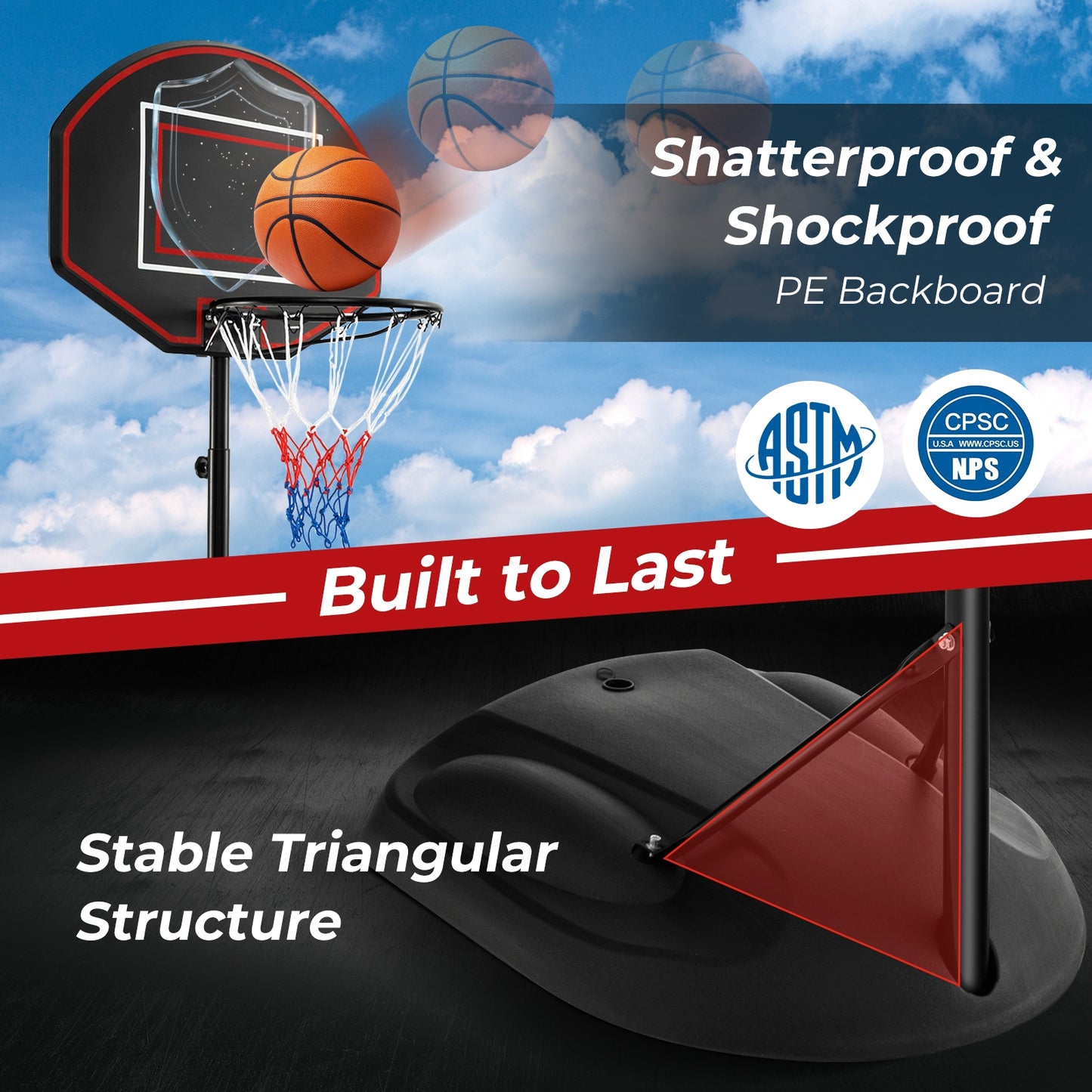 5.5 to 7.5 FT Adjustable Portable Basketball Hoop System with Anti-Rust Stand and Wheels Kids Crystal