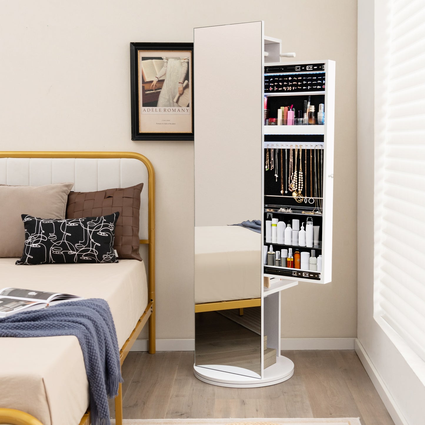 Swivel Jewelry Cabinet Armoire with Full Length Mirror and Coat Rack-White Kids Crystal