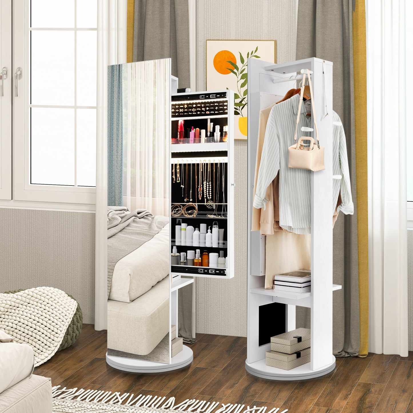 Swivel Jewelry Cabinet Armoire with Full Length Mirror and Coat Rack-White Kids Crystal