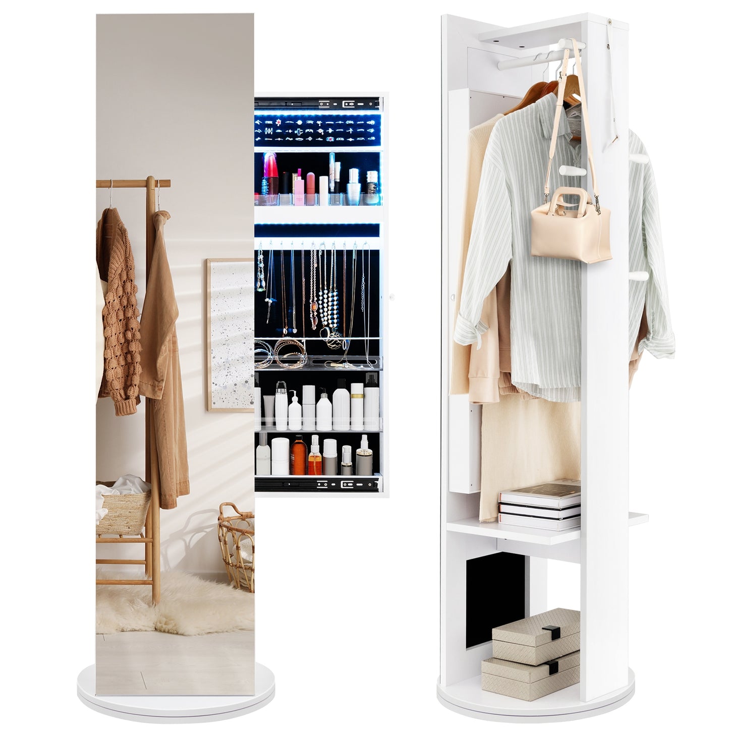 Swivel Jewelry Cabinet Armoire with Full Length Mirror and Coat Rack-White Kids Crystal