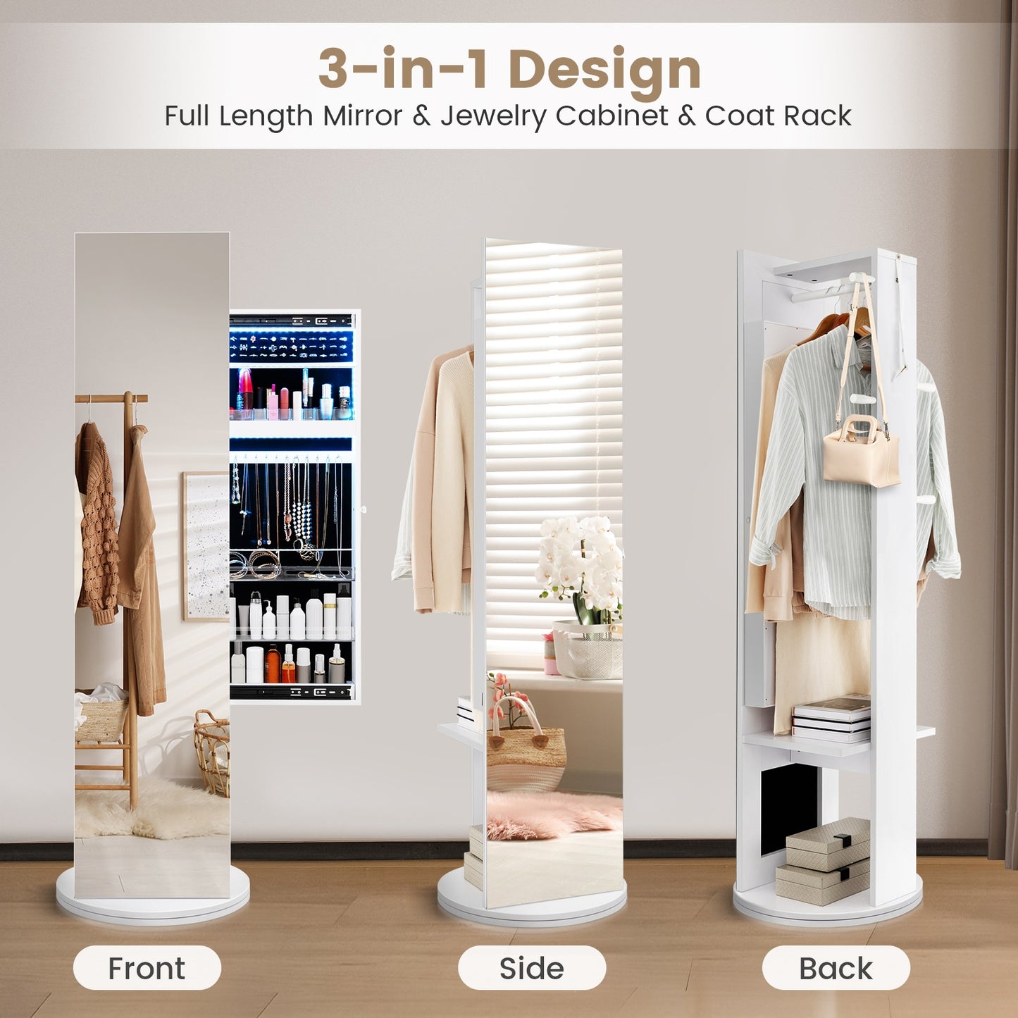 Swivel Jewelry Cabinet Armoire with Full Length Mirror and Coat Rack-White Kids Crystal