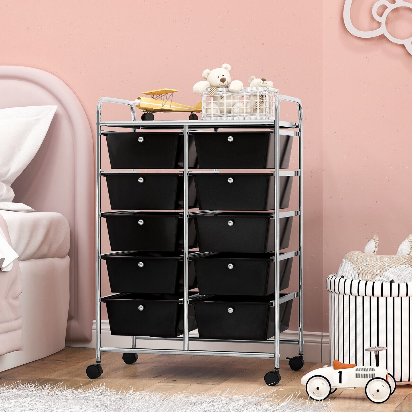 10-Drawer Rolling Storage Cart-Black Kids Crystal