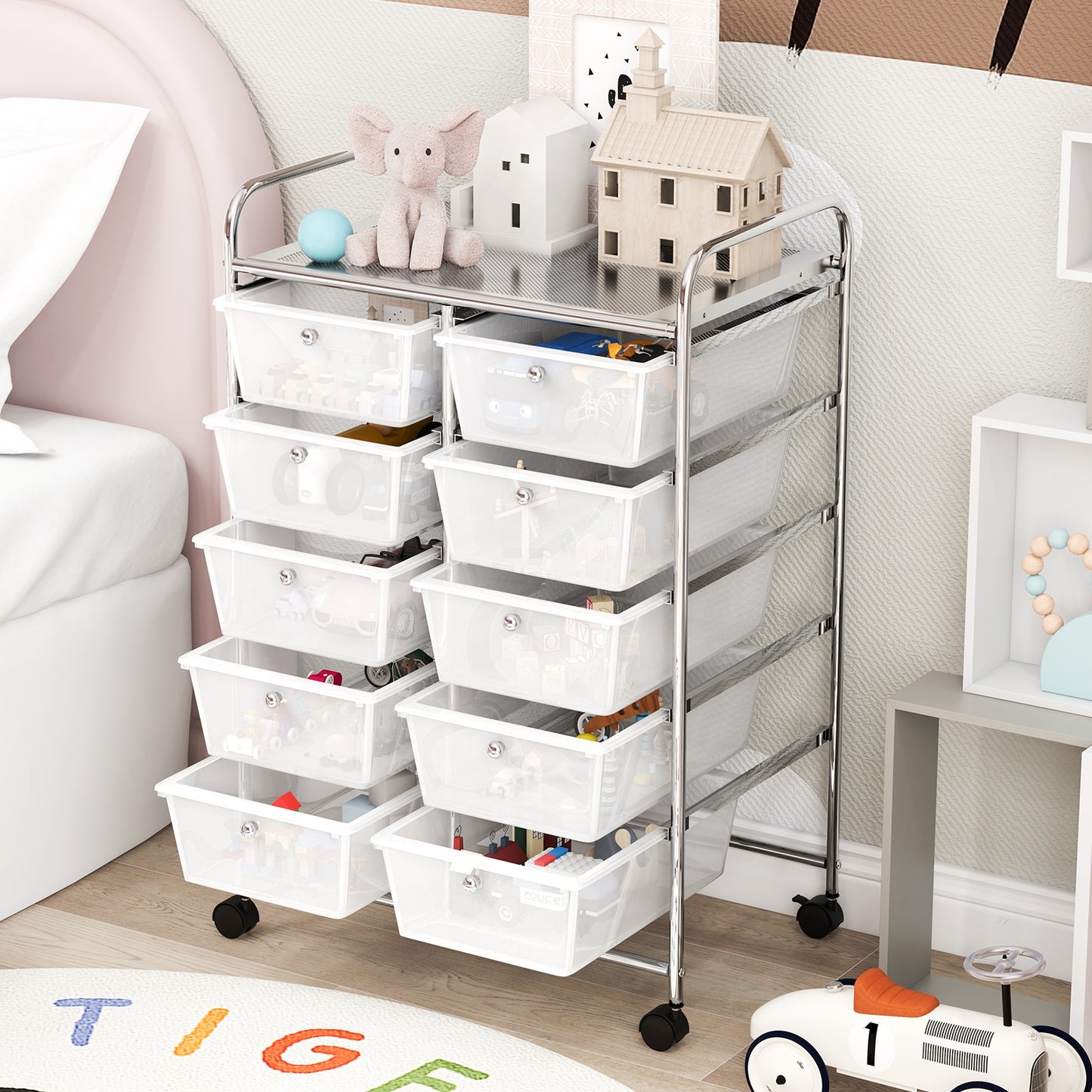 10-Drawer Rolling Storage Cart-Transparent Kids Crystal