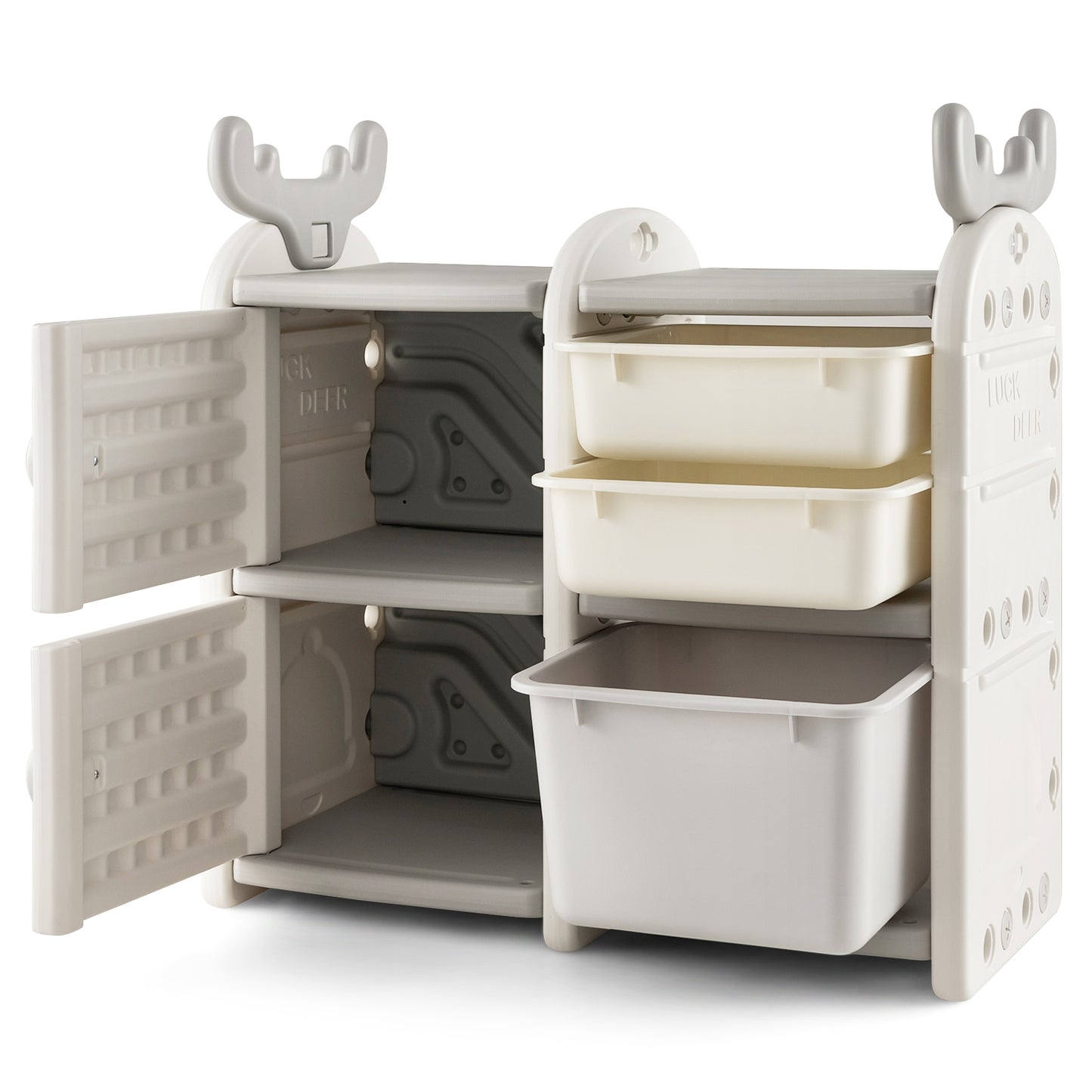 31 Inch Toy Chest and Bookshelf with Enclosed Cabinets and Pull-out Drawers-Gray Kids Crystal