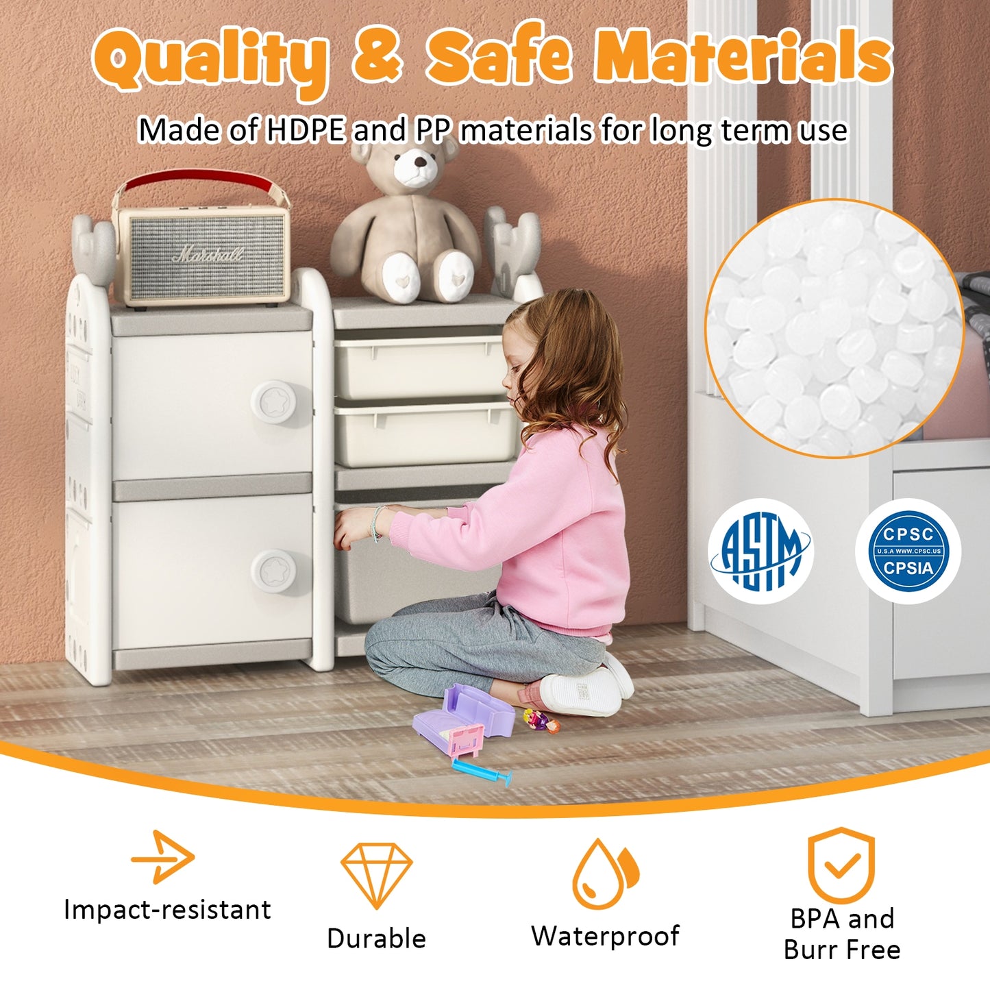31 Inch Toy Chest and Bookshelf with Enclosed Cabinets and Pull-out Drawers-Gray Kids Crystal