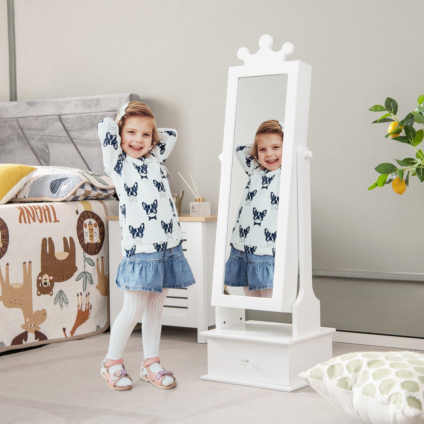 2-in-1 Kids Play Jewelry Armoire with Full Length Mirror and Drawers-White Kids Crystal