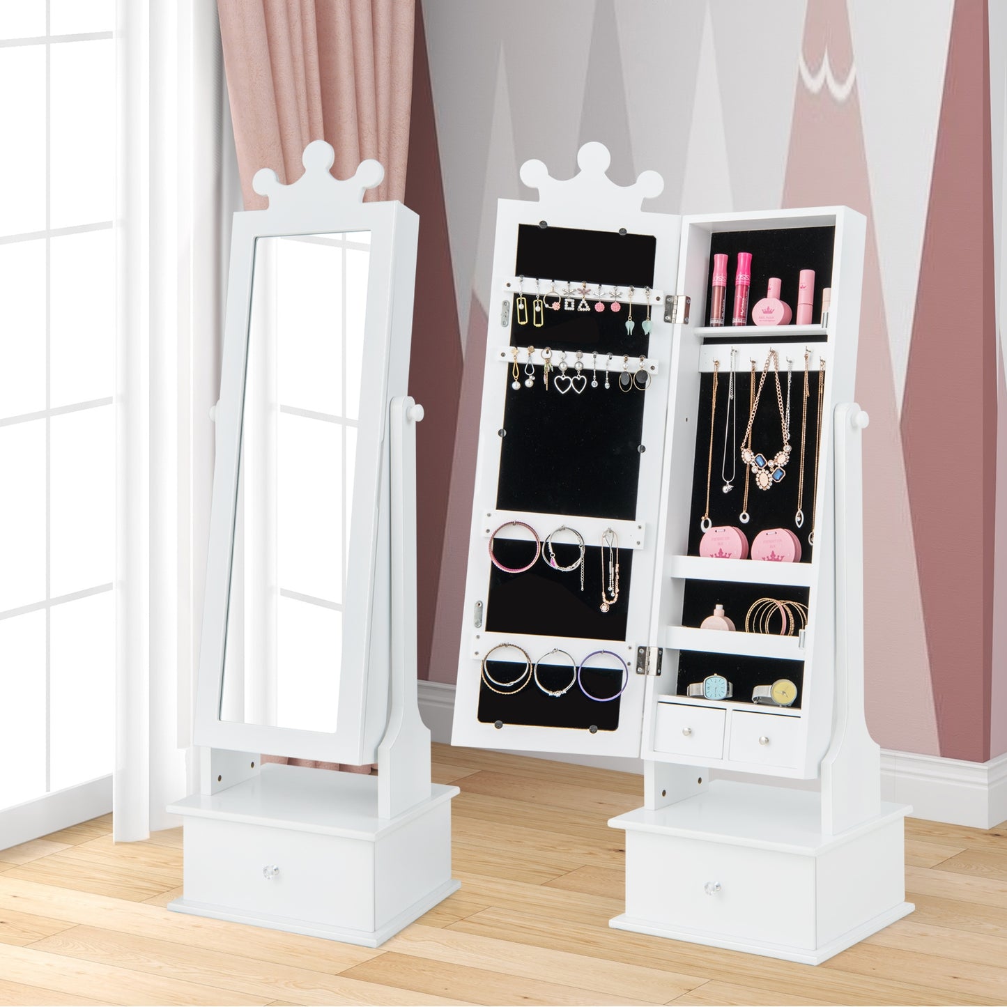 2-in-1 Kids Play Jewelry Armoire with Full Length Mirror and Drawers-White Kids Crystal