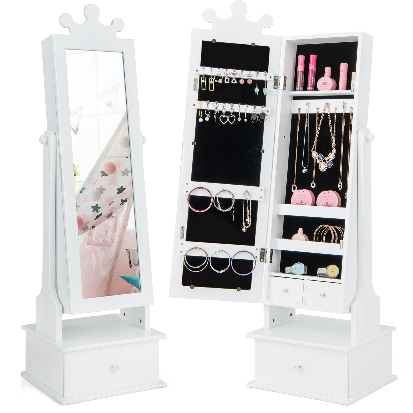 2-in-1 Kids Play Jewelry Armoire with Full Length Mirror and Drawers-White Kids Crystal
