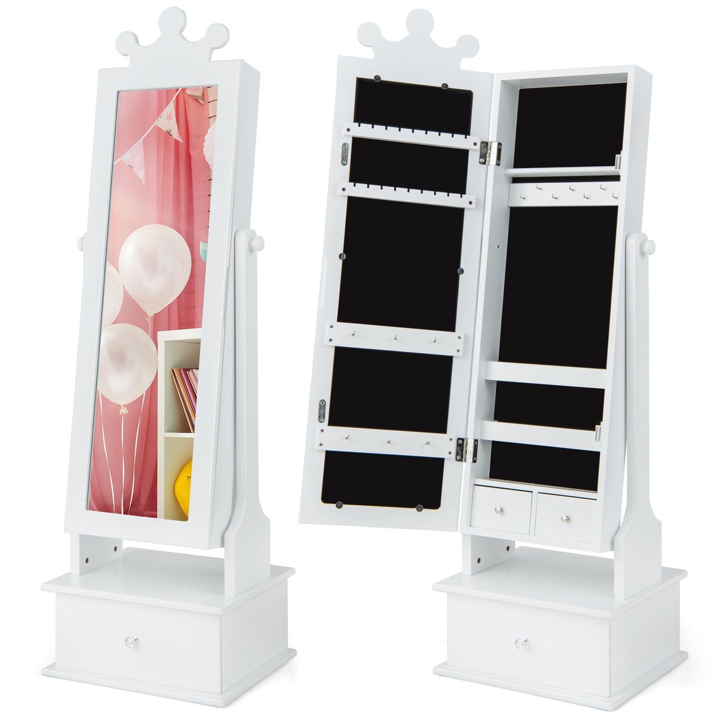 2-in-1 Kids Play Jewelry Armoire with Full Length Mirror and Drawers-White Kids Crystal