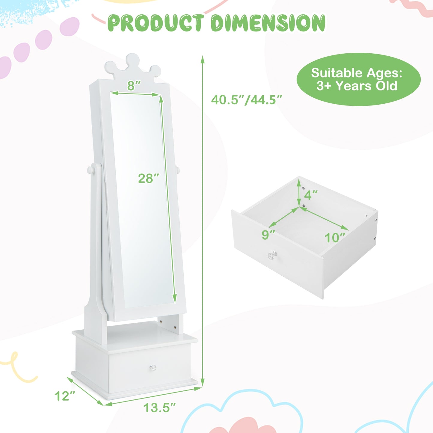 2-in-1 Kids Play Jewelry Armoire with Full Length Mirror and Drawers-White Kids Crystal