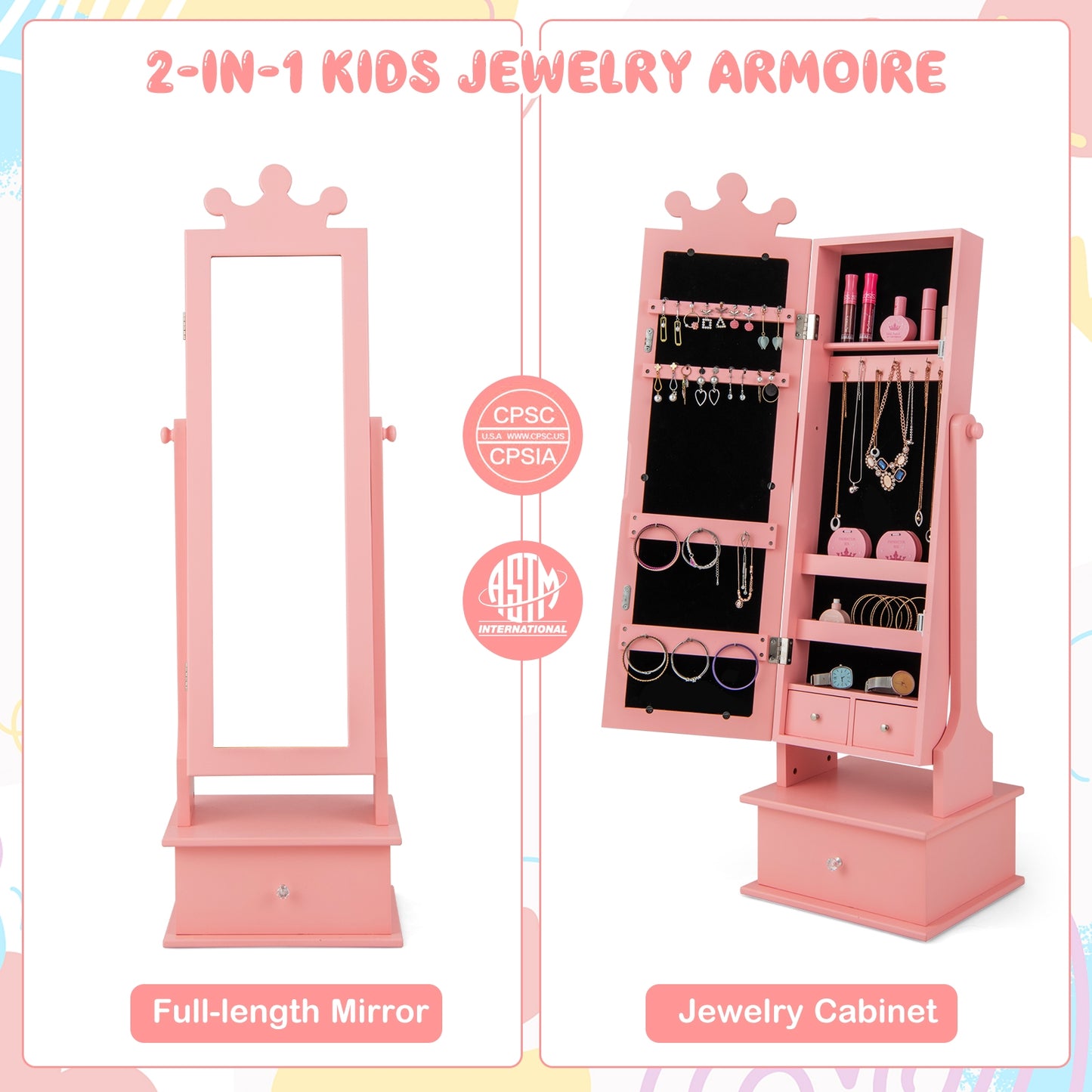 2-in-1 Kids Play Jewelry Armoire with Full Length Mirror and Drawers-Pink Kids Crystal
