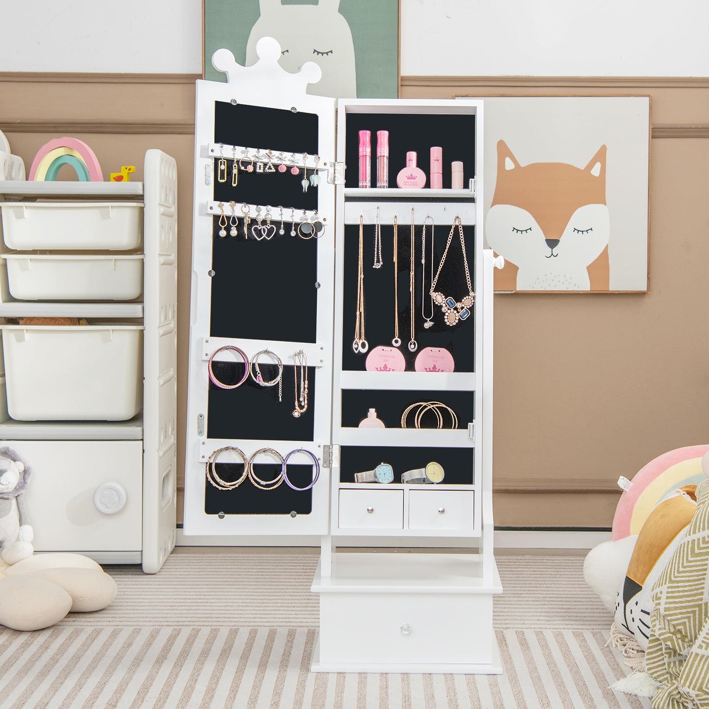 2-in-1 Kids Play Jewelry Armoire with Full Length Mirror and Drawers-White Kids Crystal