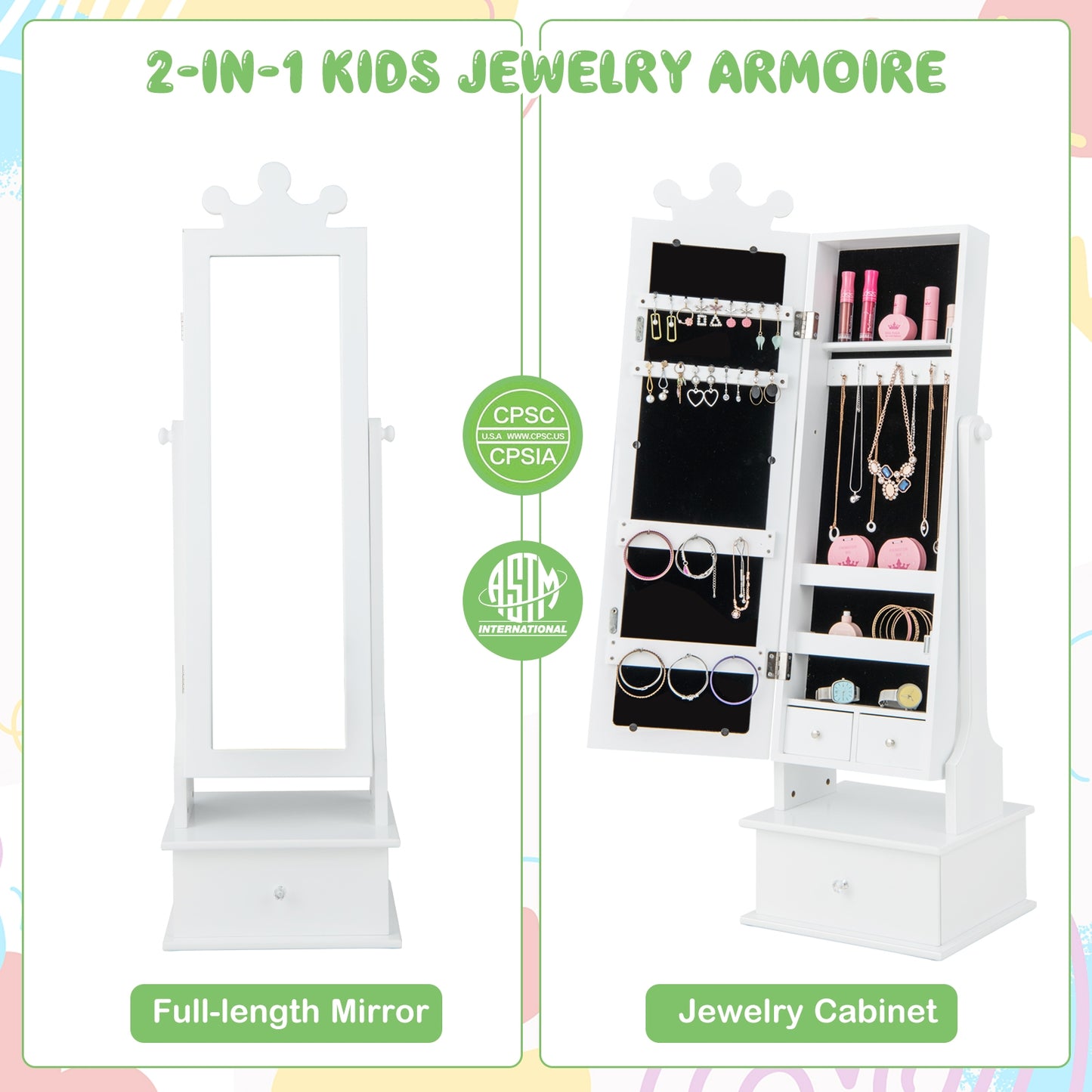 2-in-1 Kids Play Jewelry Armoire with Full Length Mirror and Drawers-White Kids Crystal