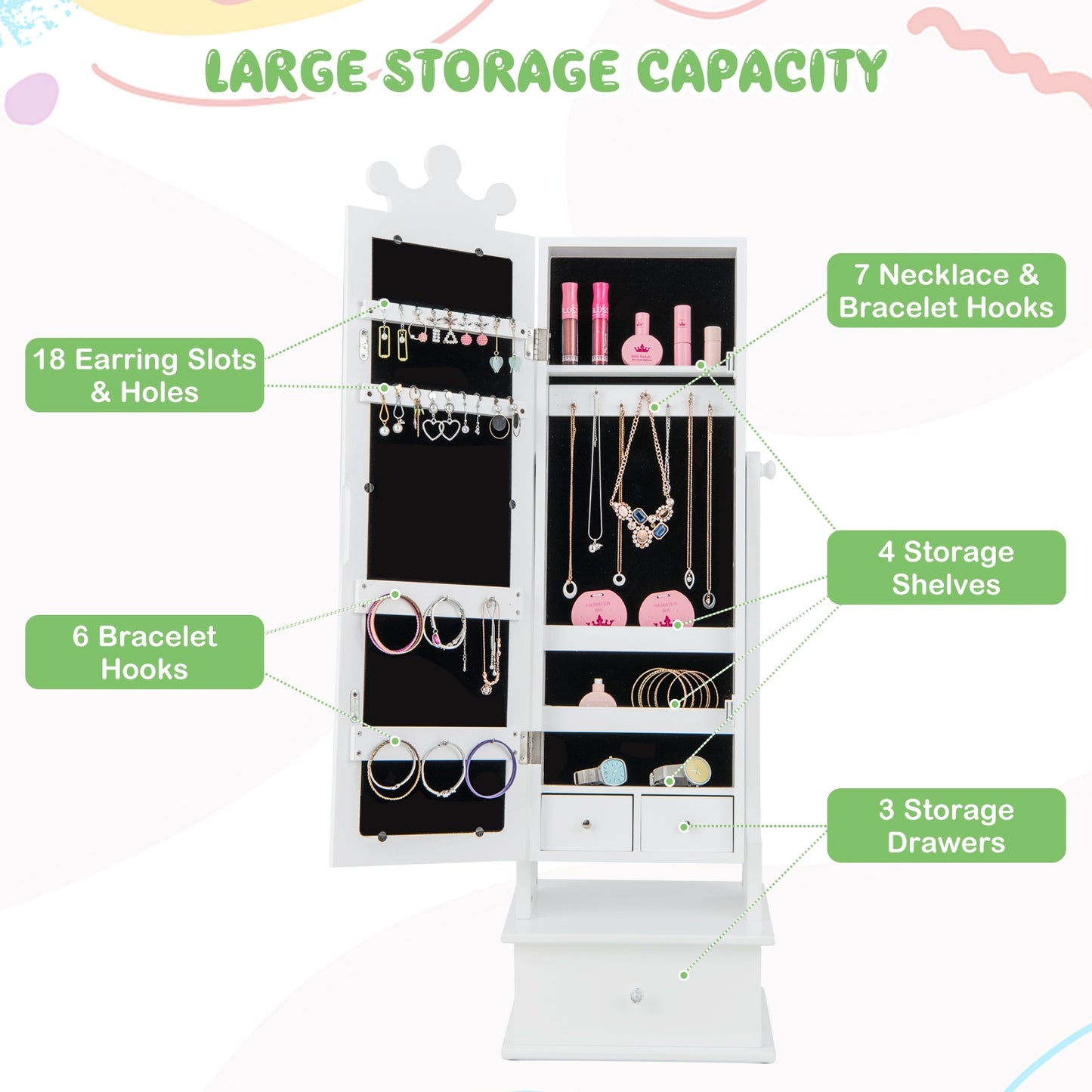 2-in-1 Kids Play Jewelry Armoire with Full Length Mirror and Drawers-White Kids Crystal