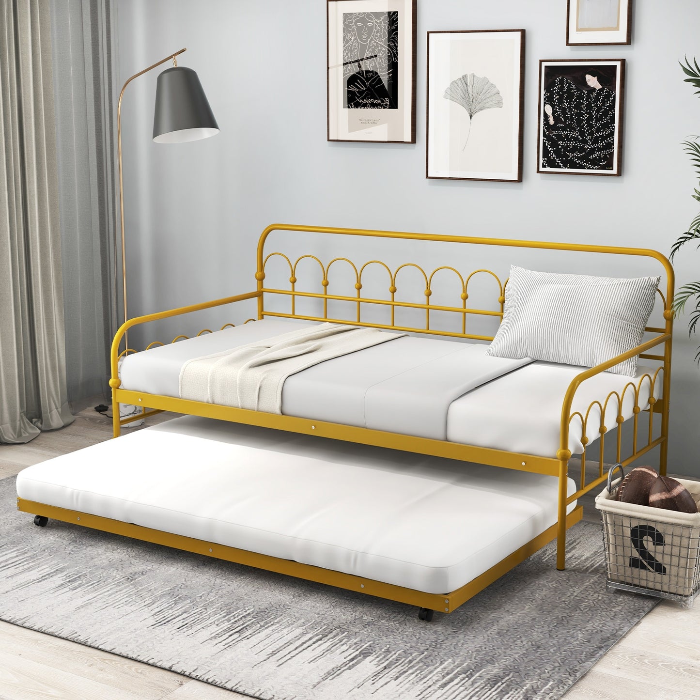 Twin Size Golden Metal Daybed with Trundle and Lockable Wheels-Twin Size Kids Crystal