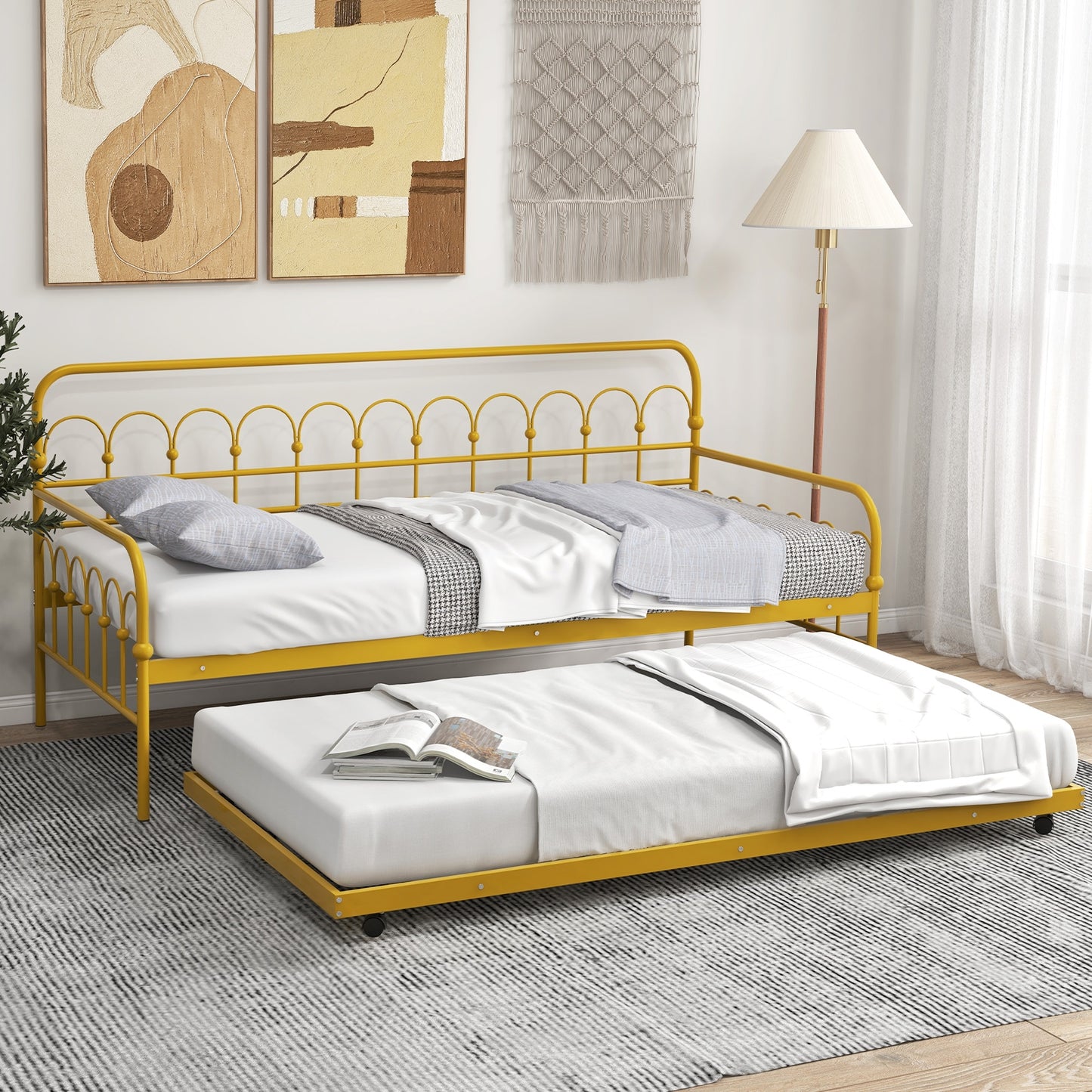 Twin Size Golden Metal Daybed with Trundle and Lockable Wheels-Twin Size Kids Crystal