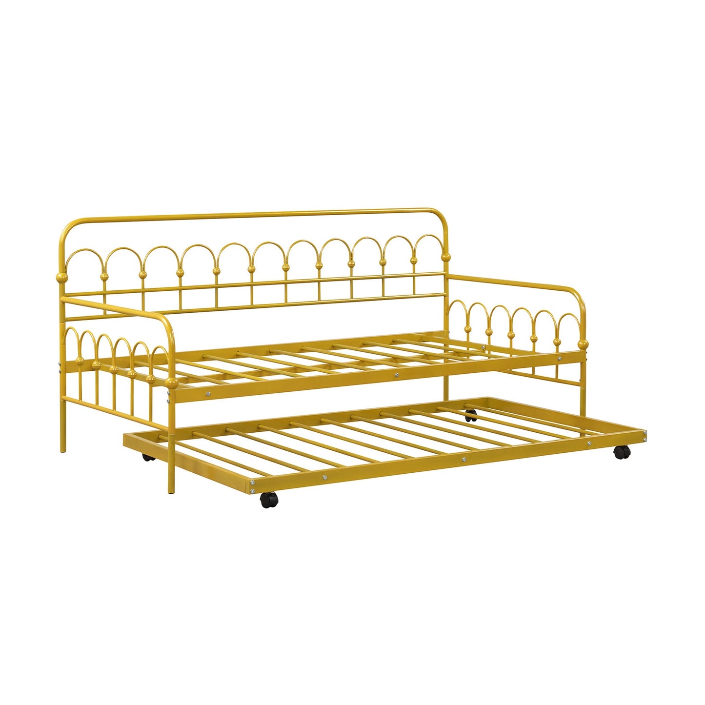 Twin Size Golden Metal Daybed with Trundle and Lockable Wheels-Twin Size Kids Crystal