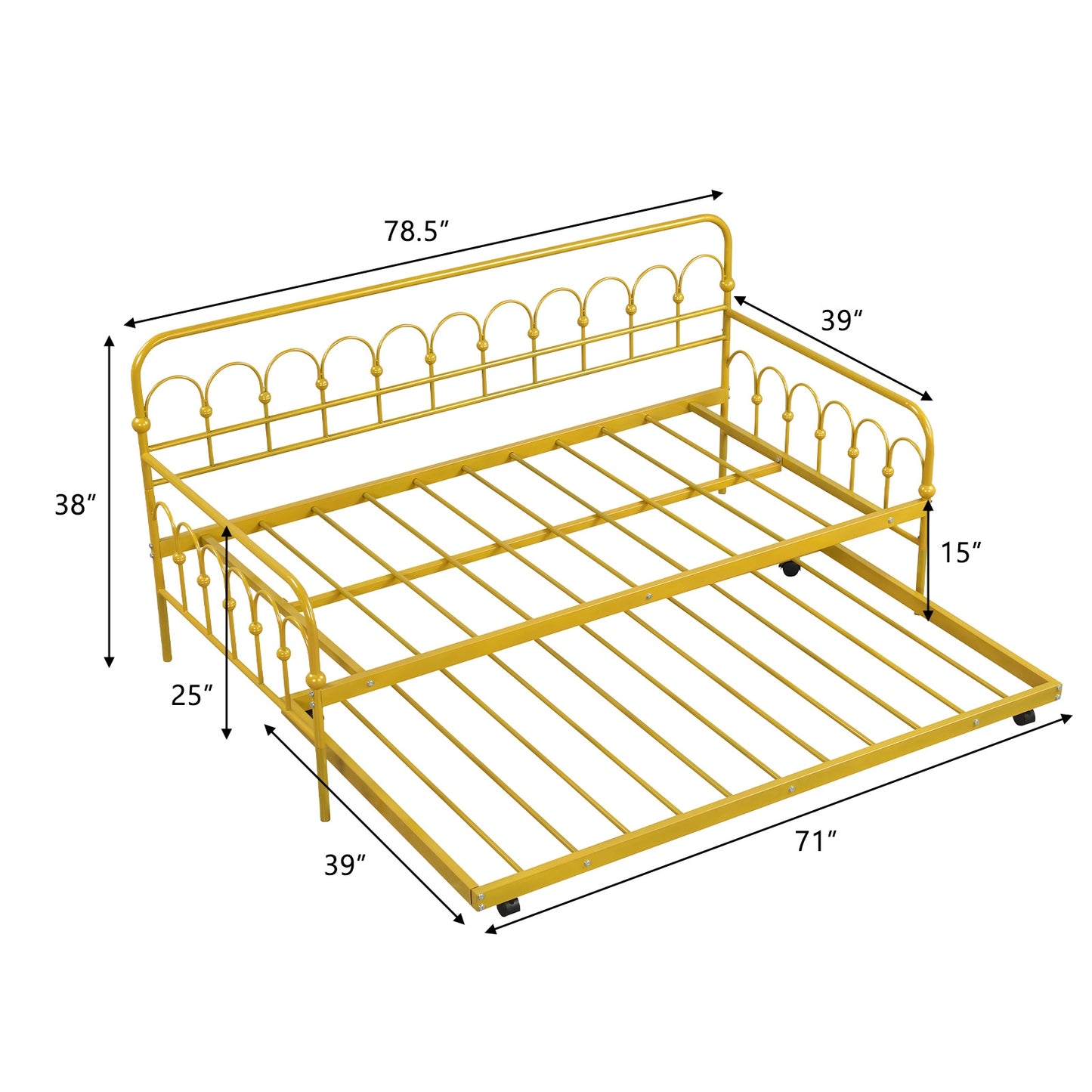 Twin Size Golden Metal Daybed with Trundle and Lockable Wheels-Twin Size Kids Crystal