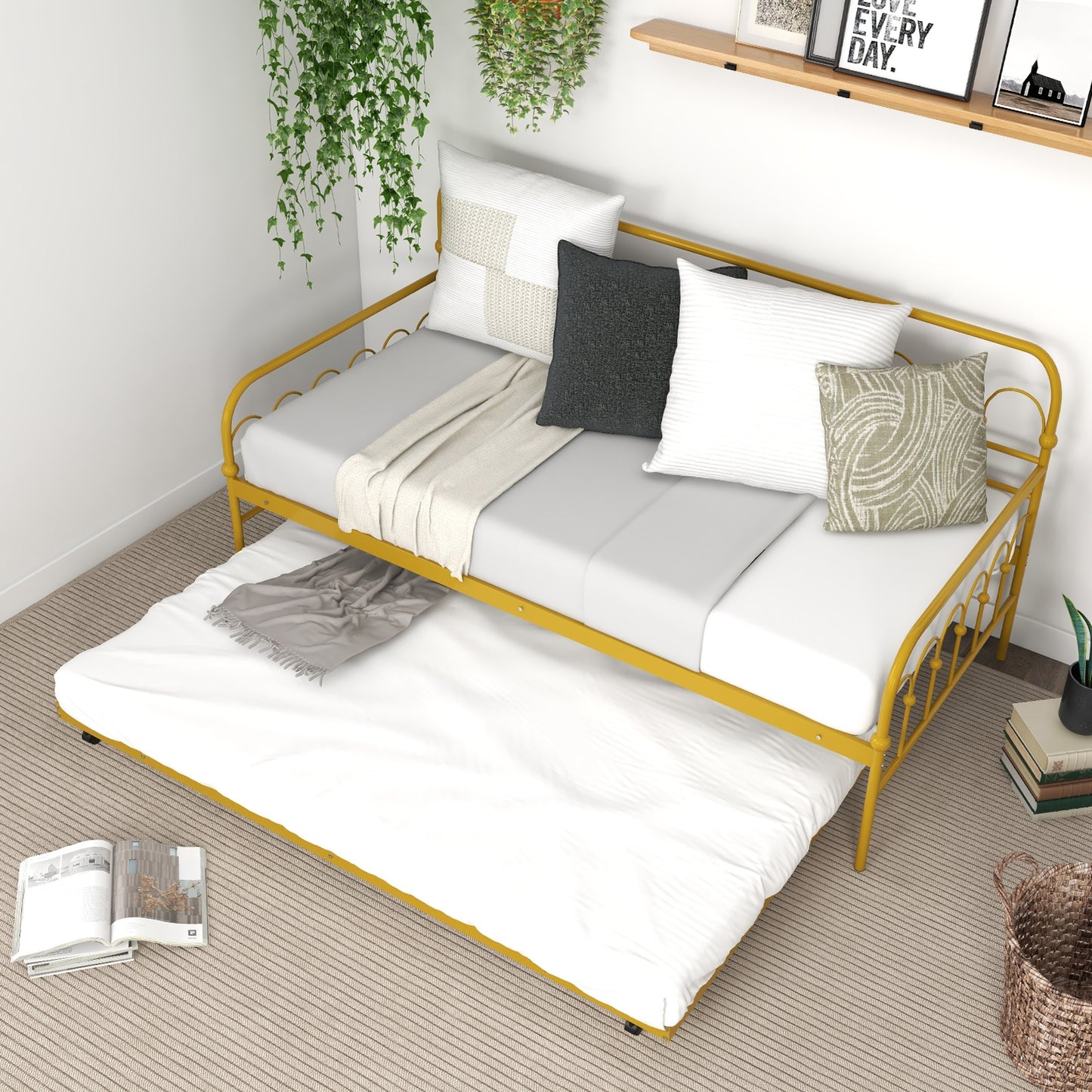 Twin Size Golden Metal Daybed with Trundle and Lockable Wheels-Twin Size Kids Crystal